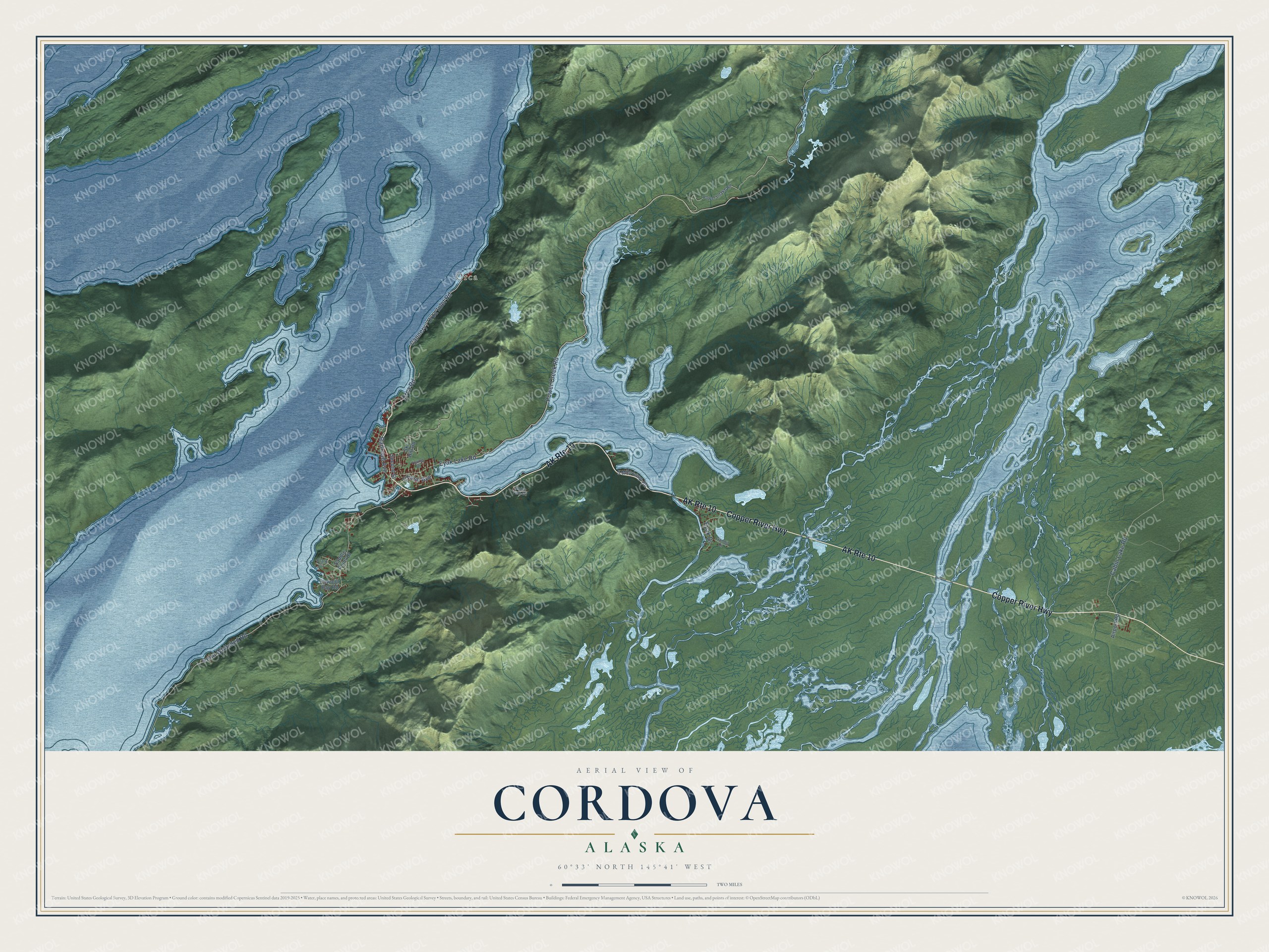 Full map of Cordova, Alaska, with red buildings, printed street names and the land around them