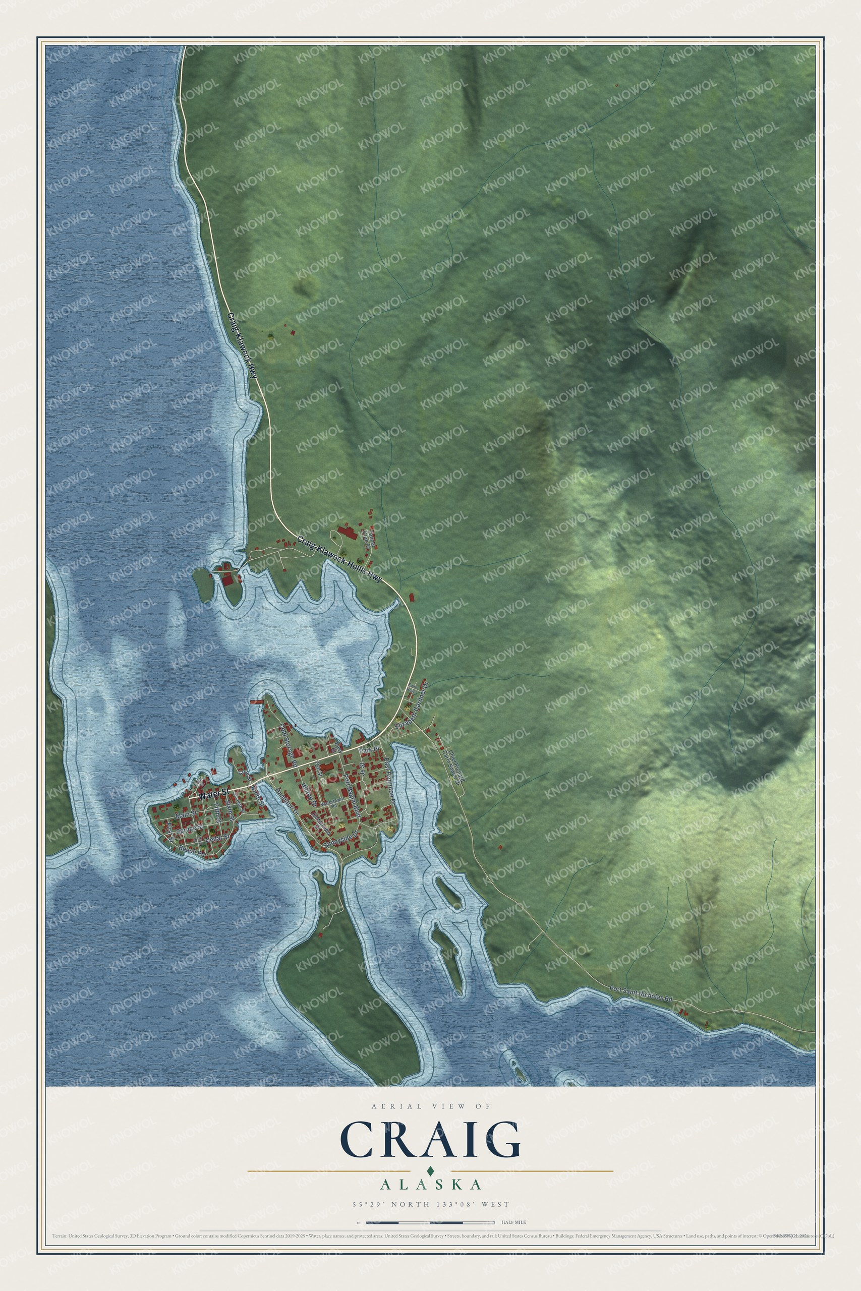 Full map of Craig, Alaska, with red buildings, printed street names and the land around them