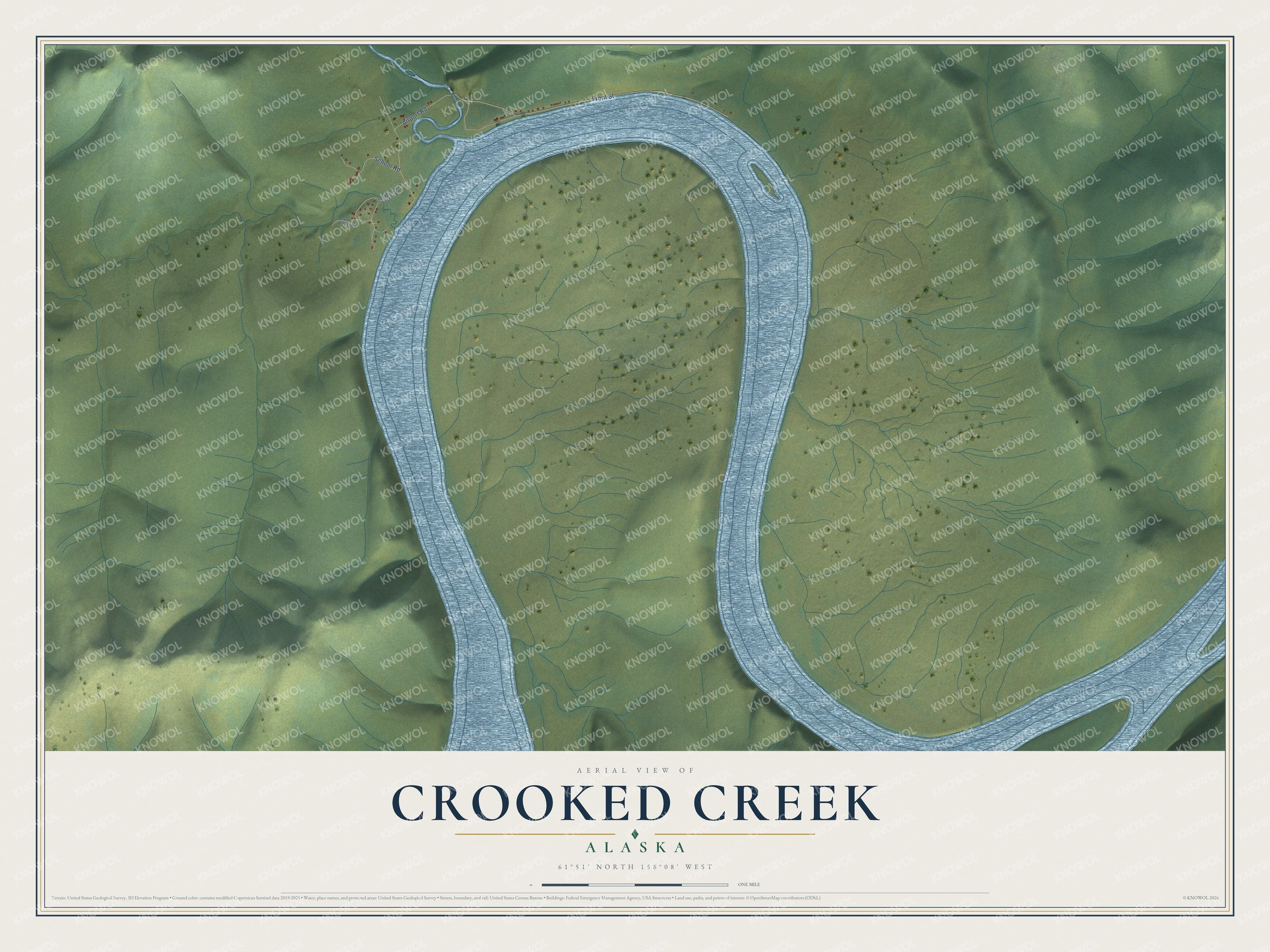 Full map of Crooked Creek, Alaska, with red buildings, printed street names and the land around them
