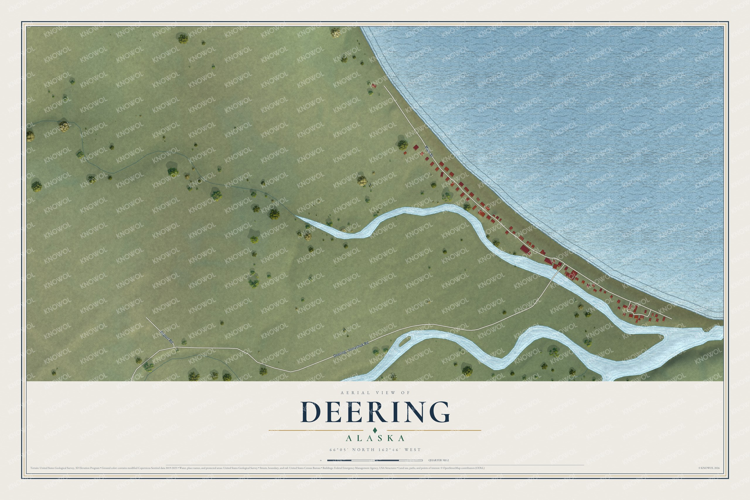 Full map of Deering, Alaska, with red buildings, printed street names and the land around them