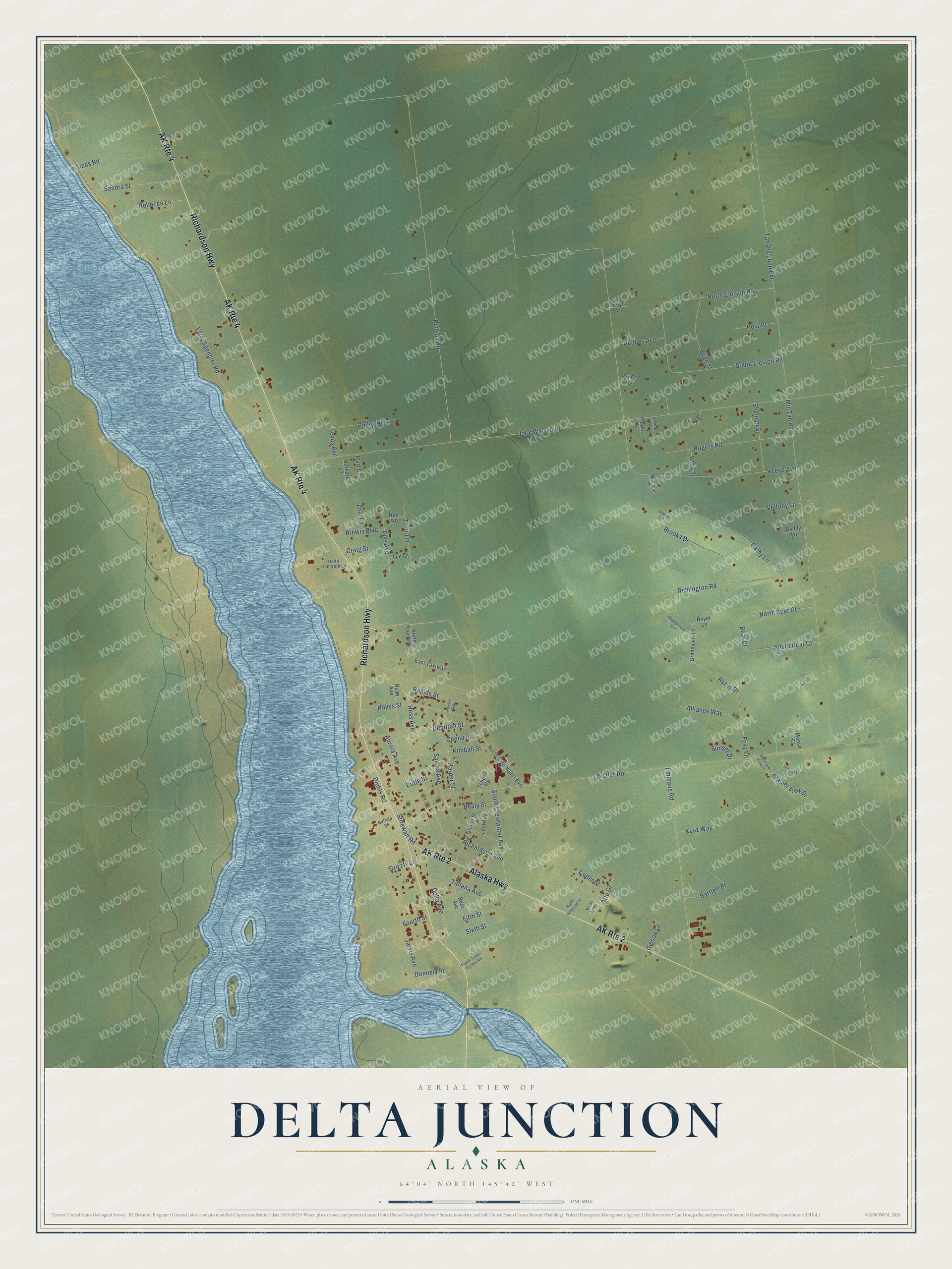 Full map of Delta Junction, Alaska, with red buildings, printed street names and the land around them