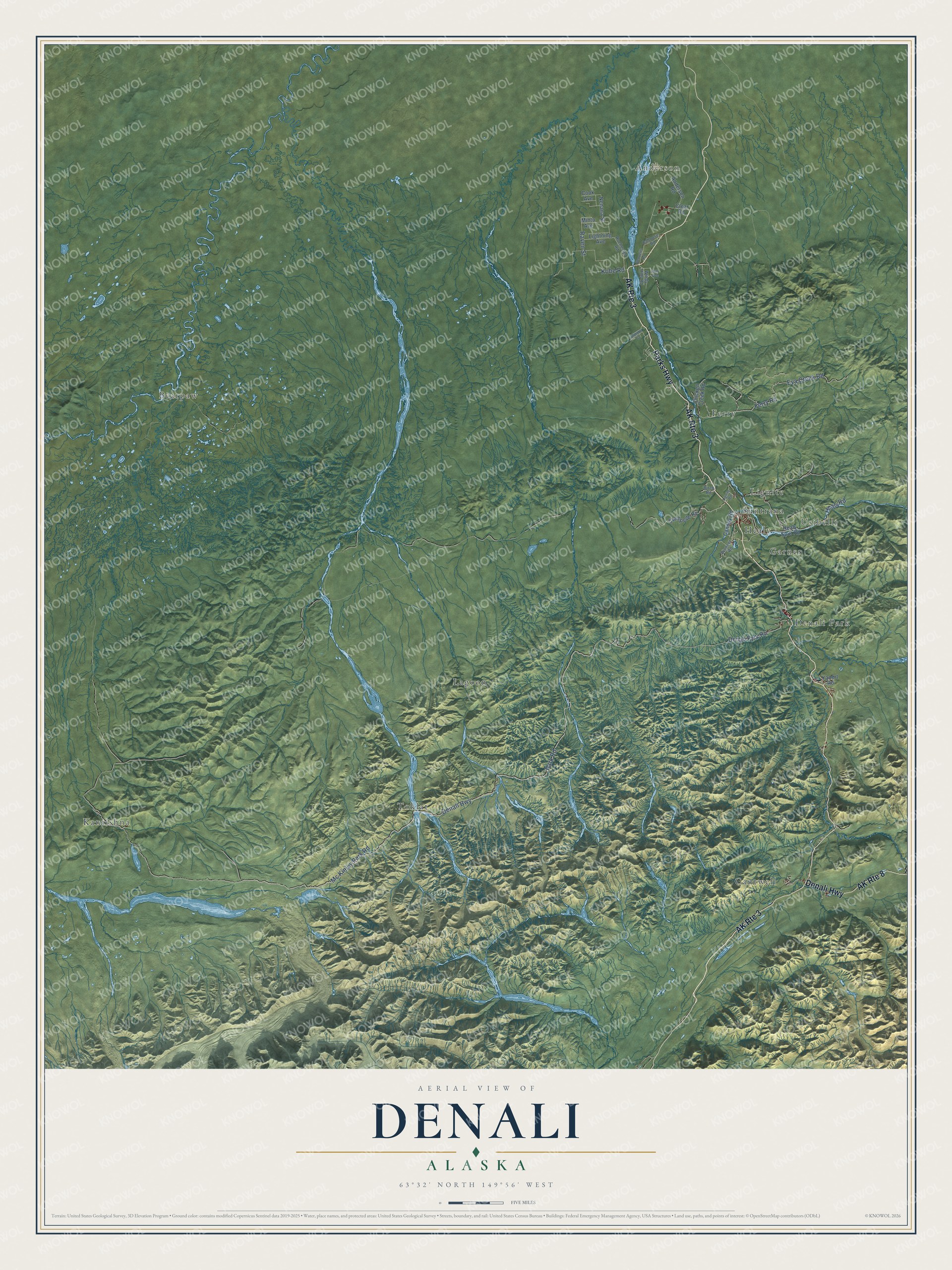 Full map of Denali, Alaska, with red buildings, printed street names and the land around them
