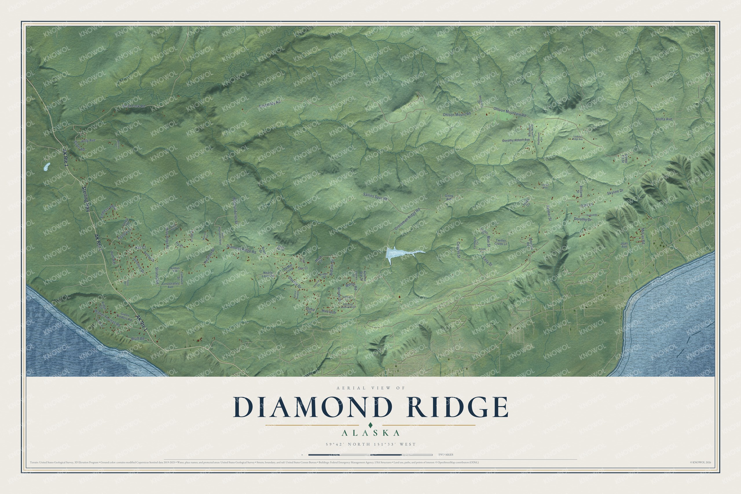 Full map of Diamond Ridge, Alaska, with red buildings, printed street names and the land around them
