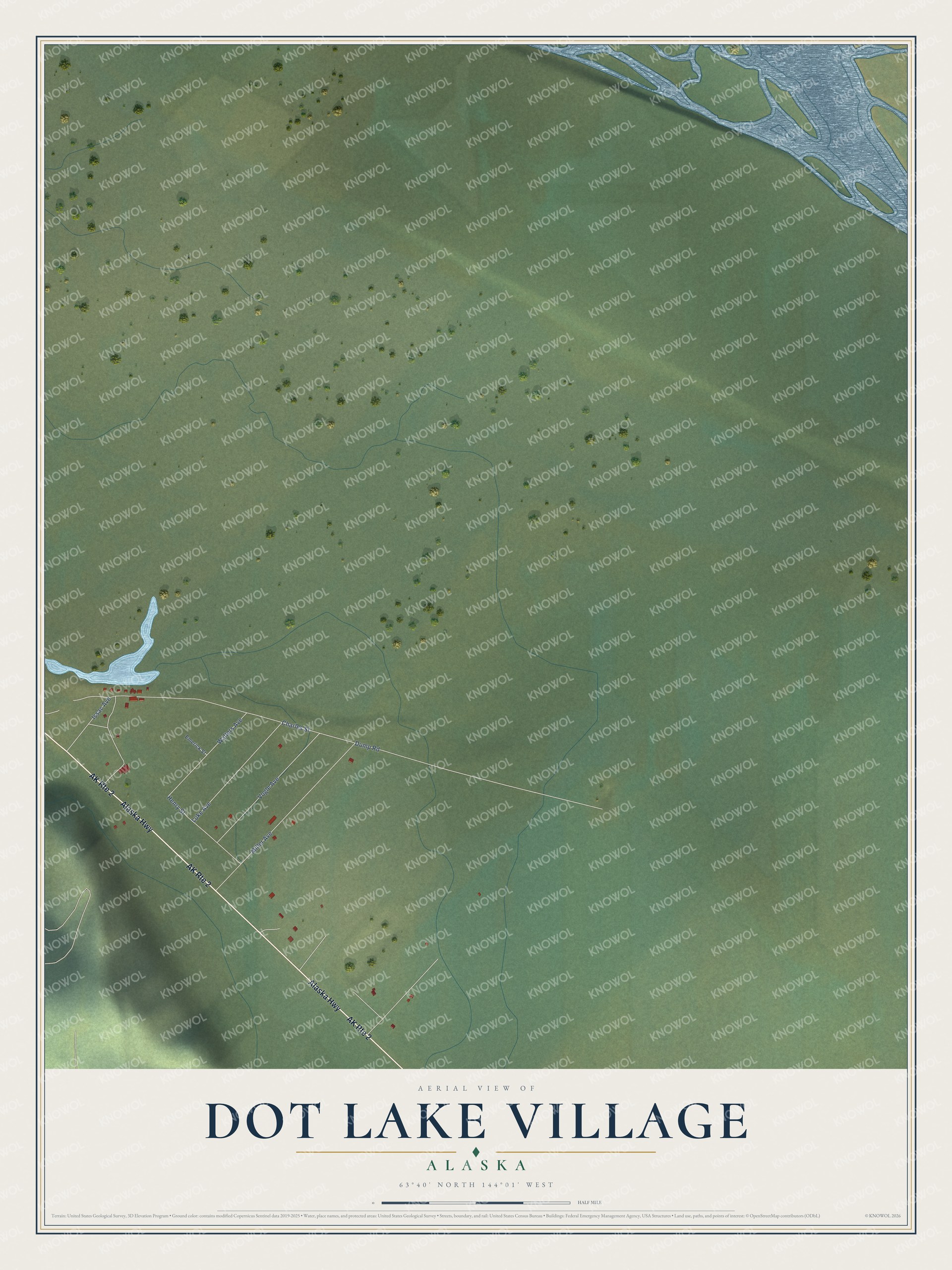 Full map of Dot Lake Village, Alaska, with red buildings, printed street names and the land around them