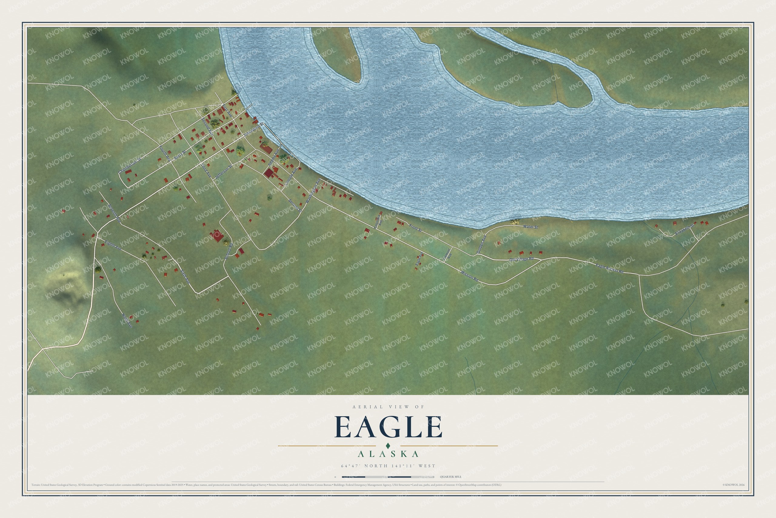 Full map of Eagle, Alaska, with red buildings, printed street names and the land around them