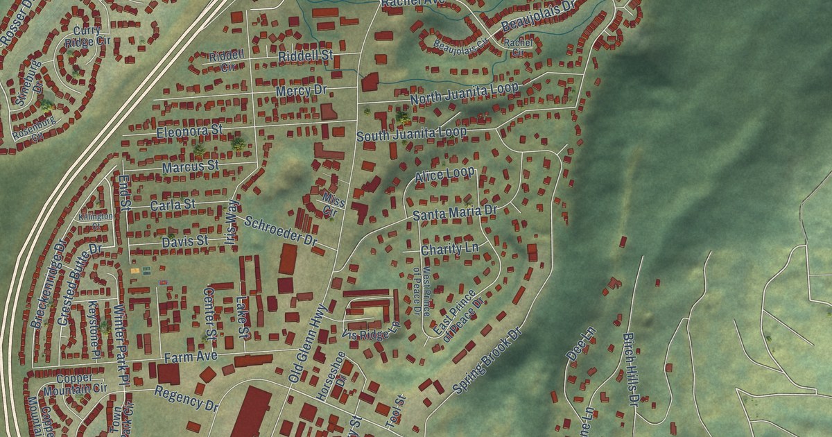 Close-up of streets and buildings in Eagle River, Alaska