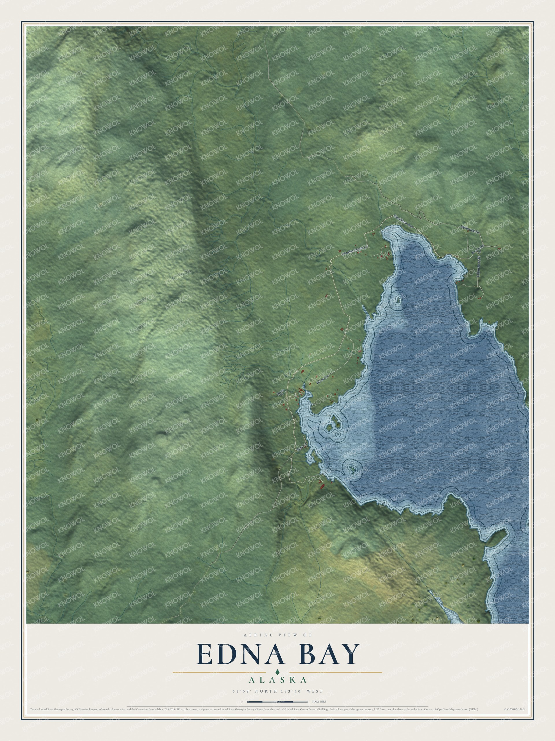 Full map of Edna Bay, Alaska, with red buildings, printed street names and the land around them