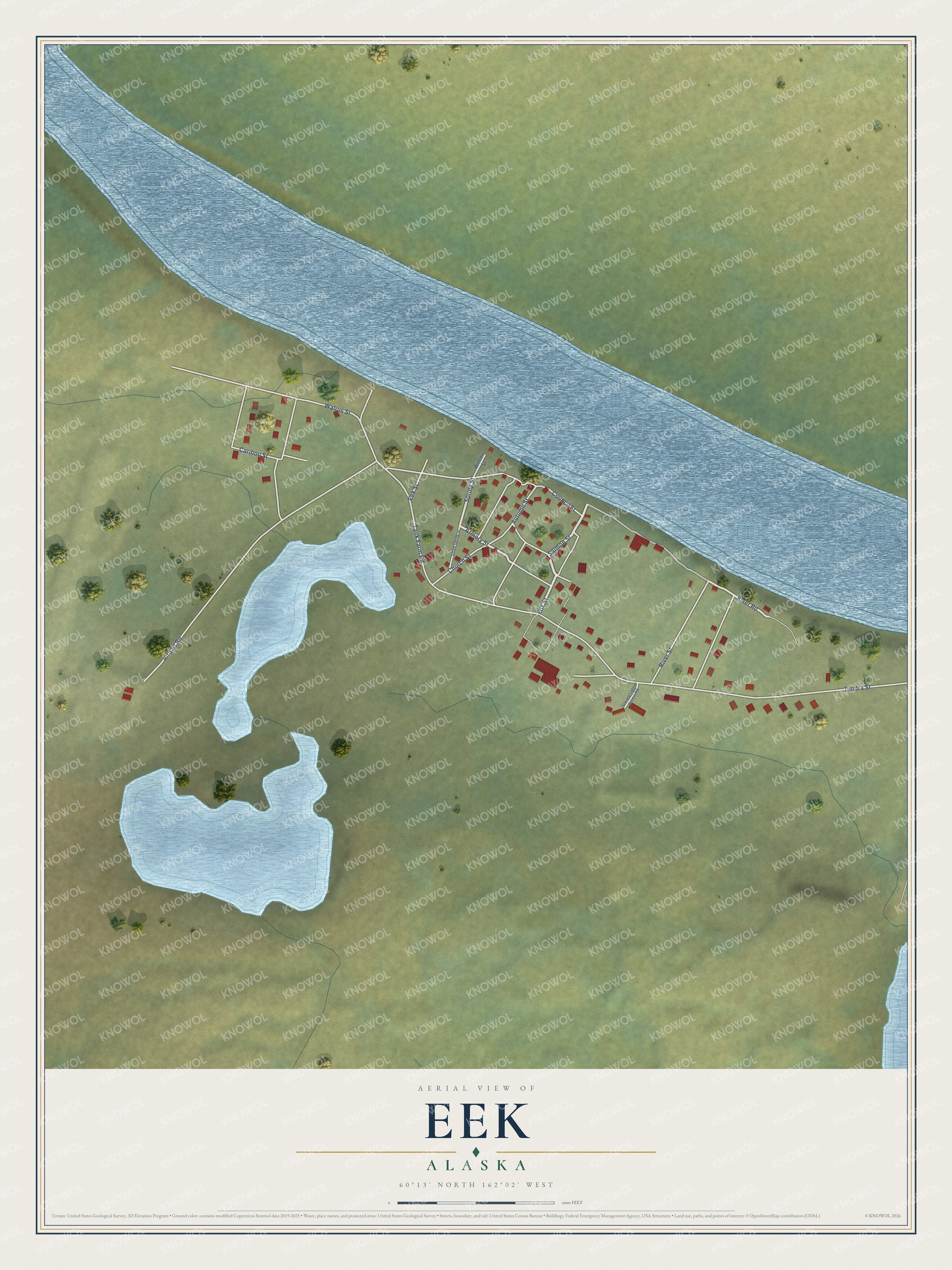 Full map of Eek, Alaska, with red buildings, printed street names and the land around them