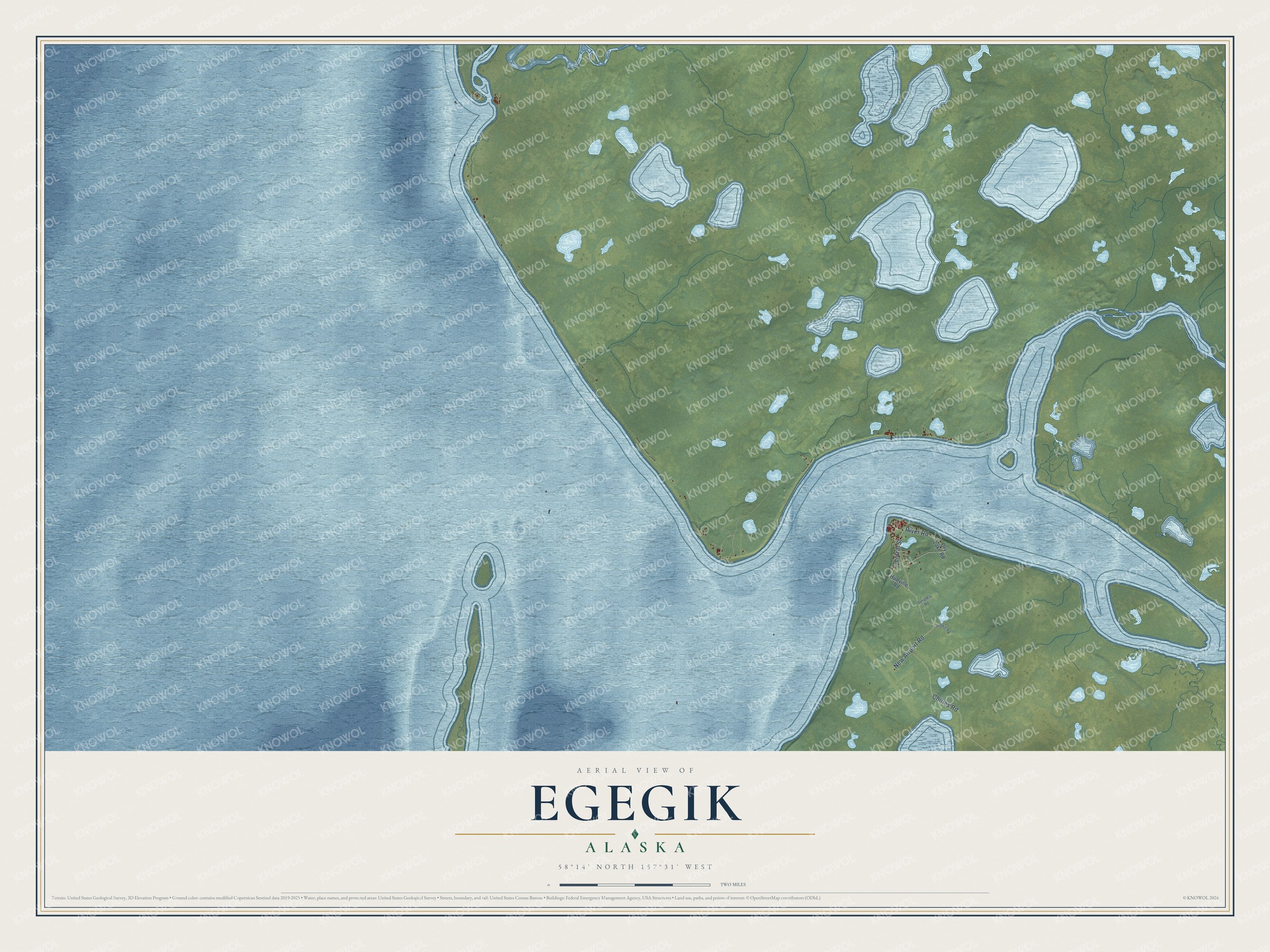 Full map of Egegik, Alaska, with red buildings, printed street names and the land around them