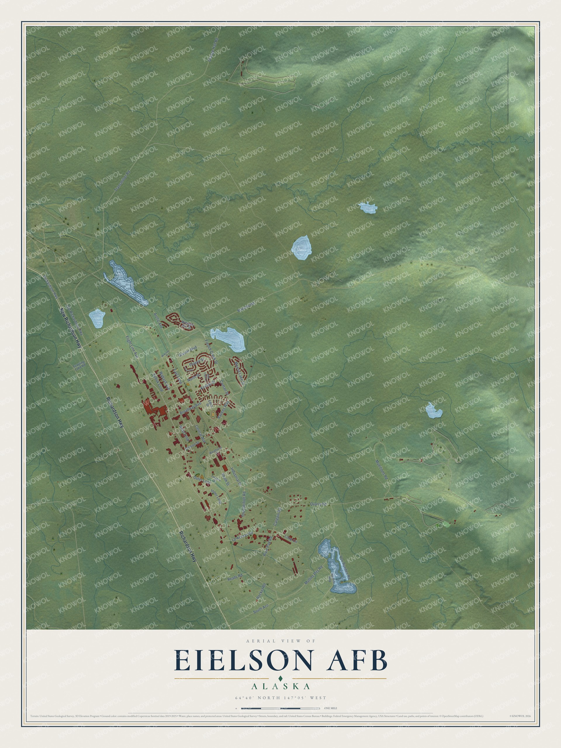 Full map of Eielson AFB, Alaska, with red buildings, printed street names and the land around them