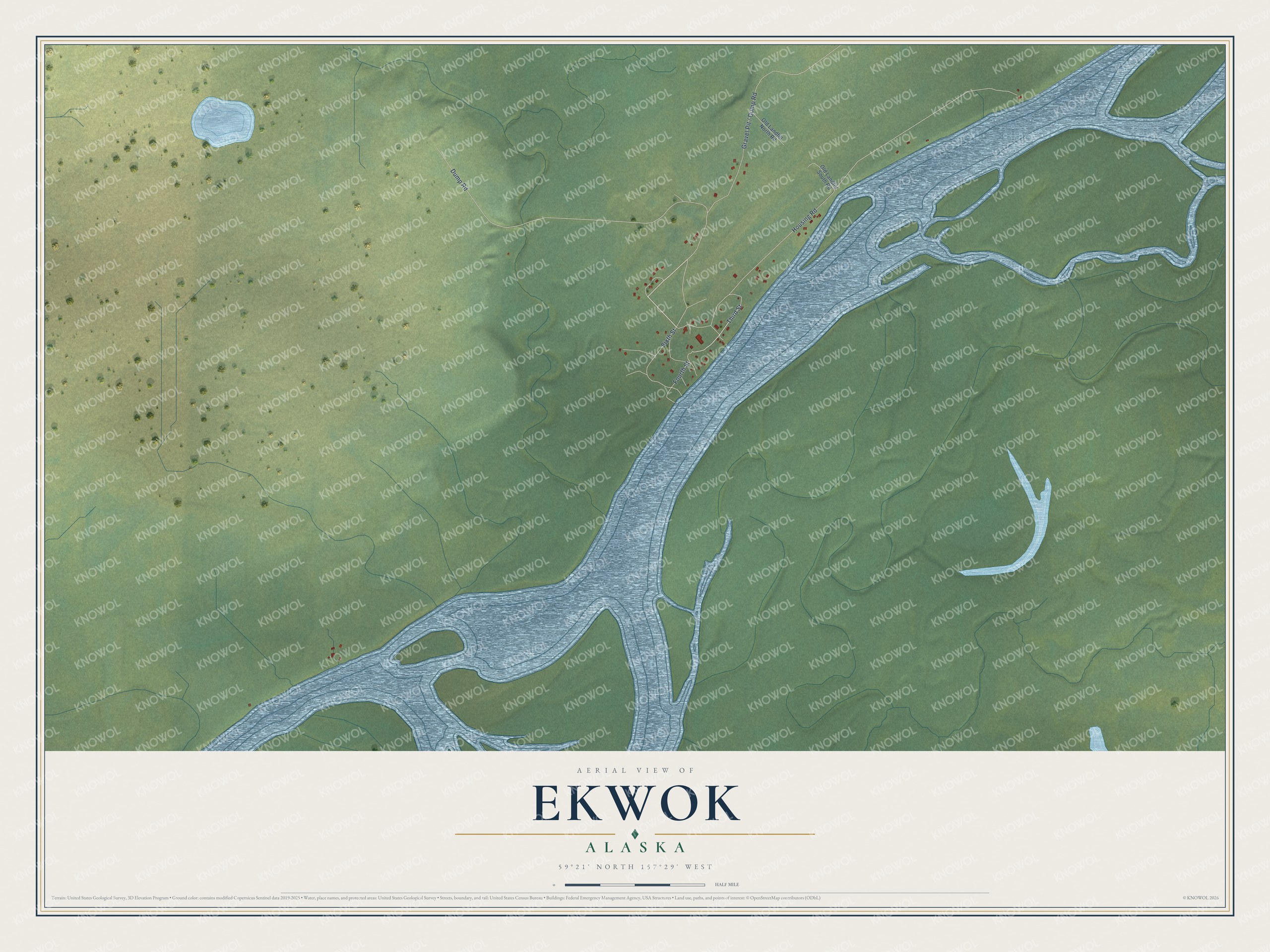 Full map of Ekwok, Alaska, with red buildings, printed street names and the land around them