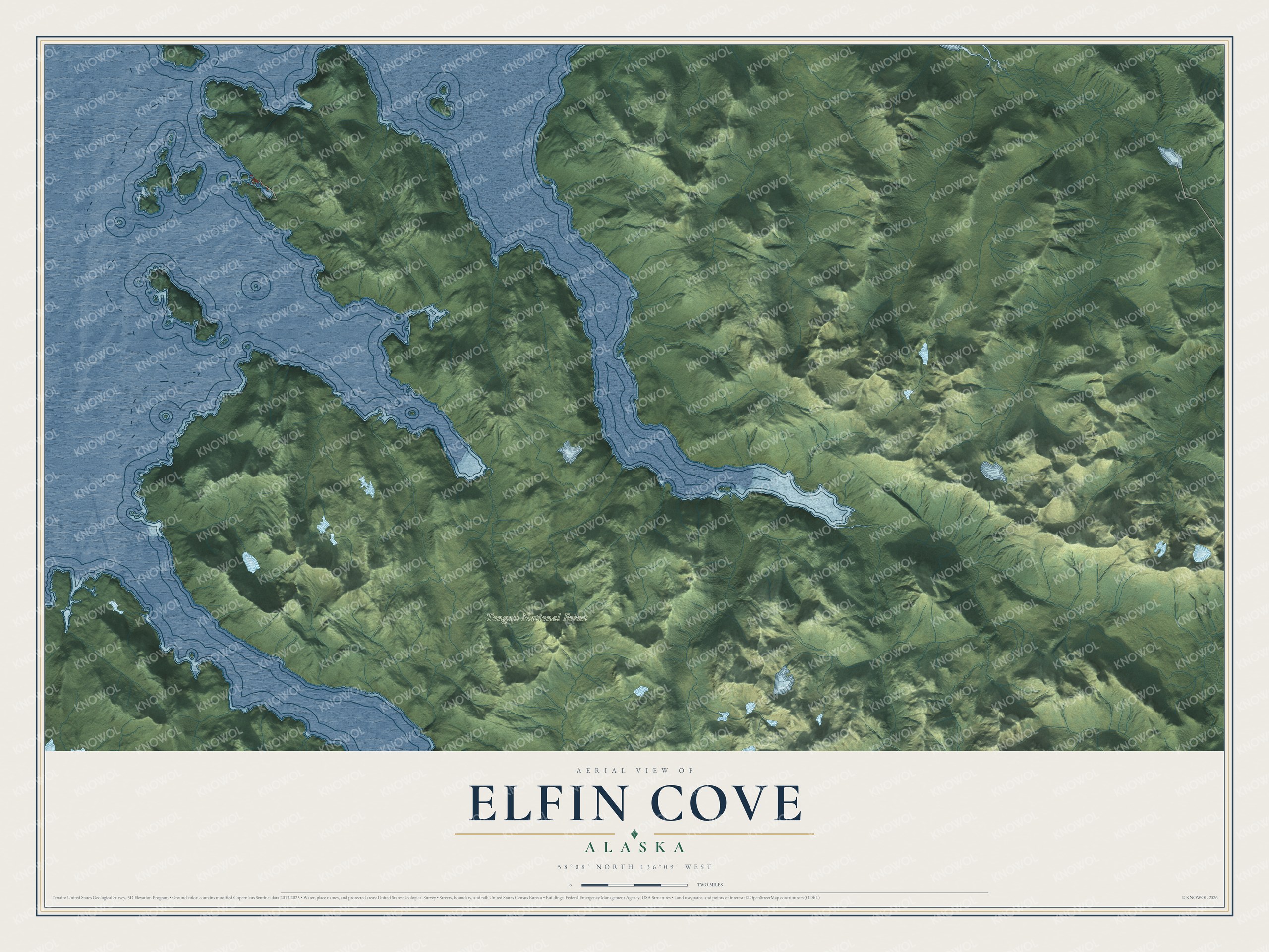 Full map of Elfin Cove, Alaska, with red buildings, printed street names and the land around them