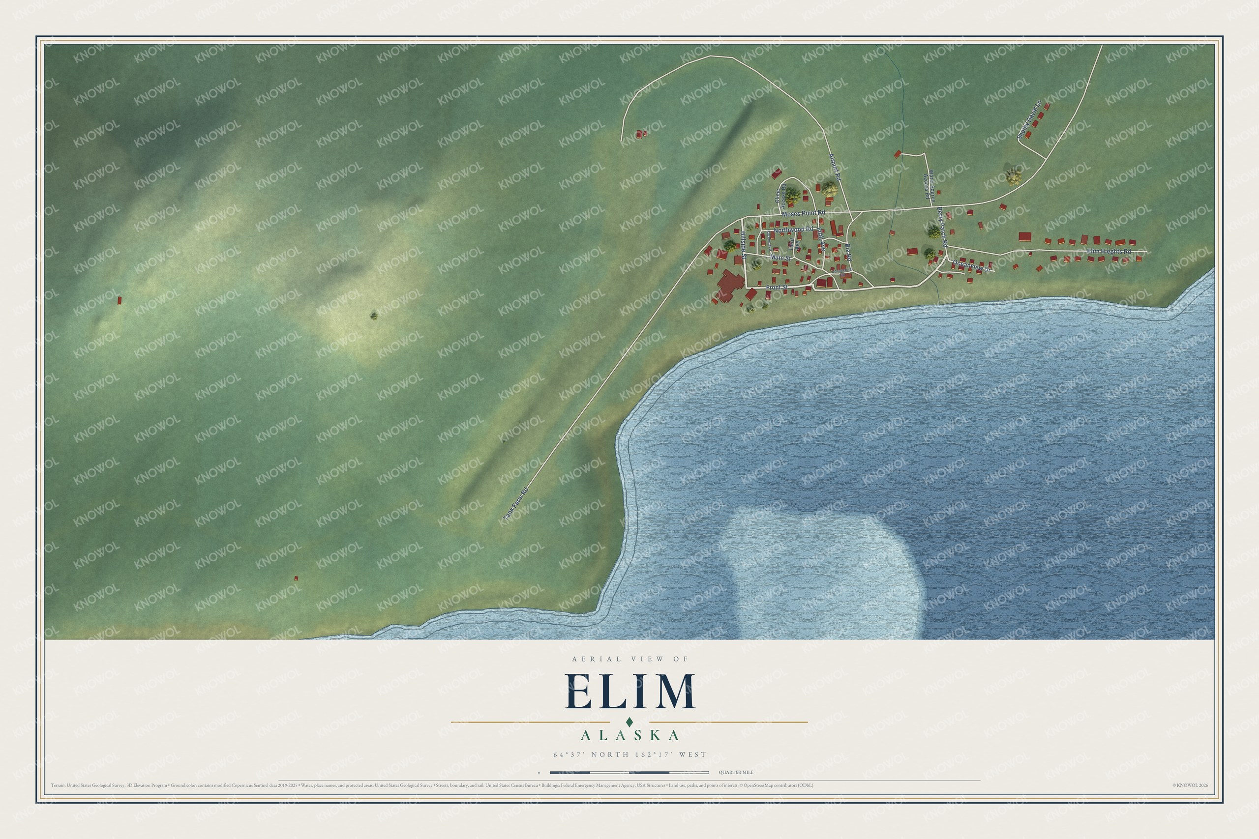 Full map of Elim, Alaska, with red buildings, printed street names and the land around them