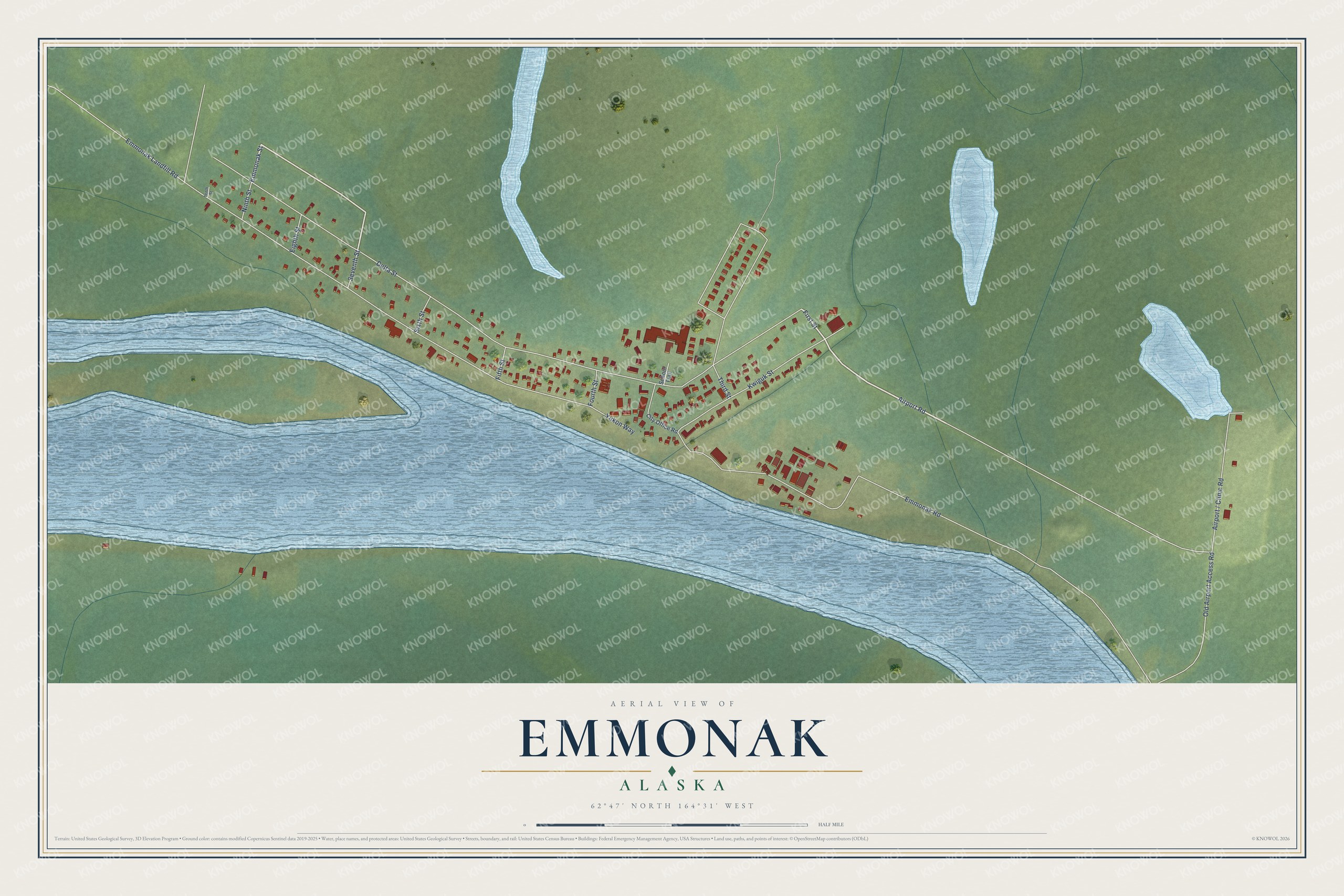 Full map of Emmonak, Alaska, with red buildings, printed street names and the land around them