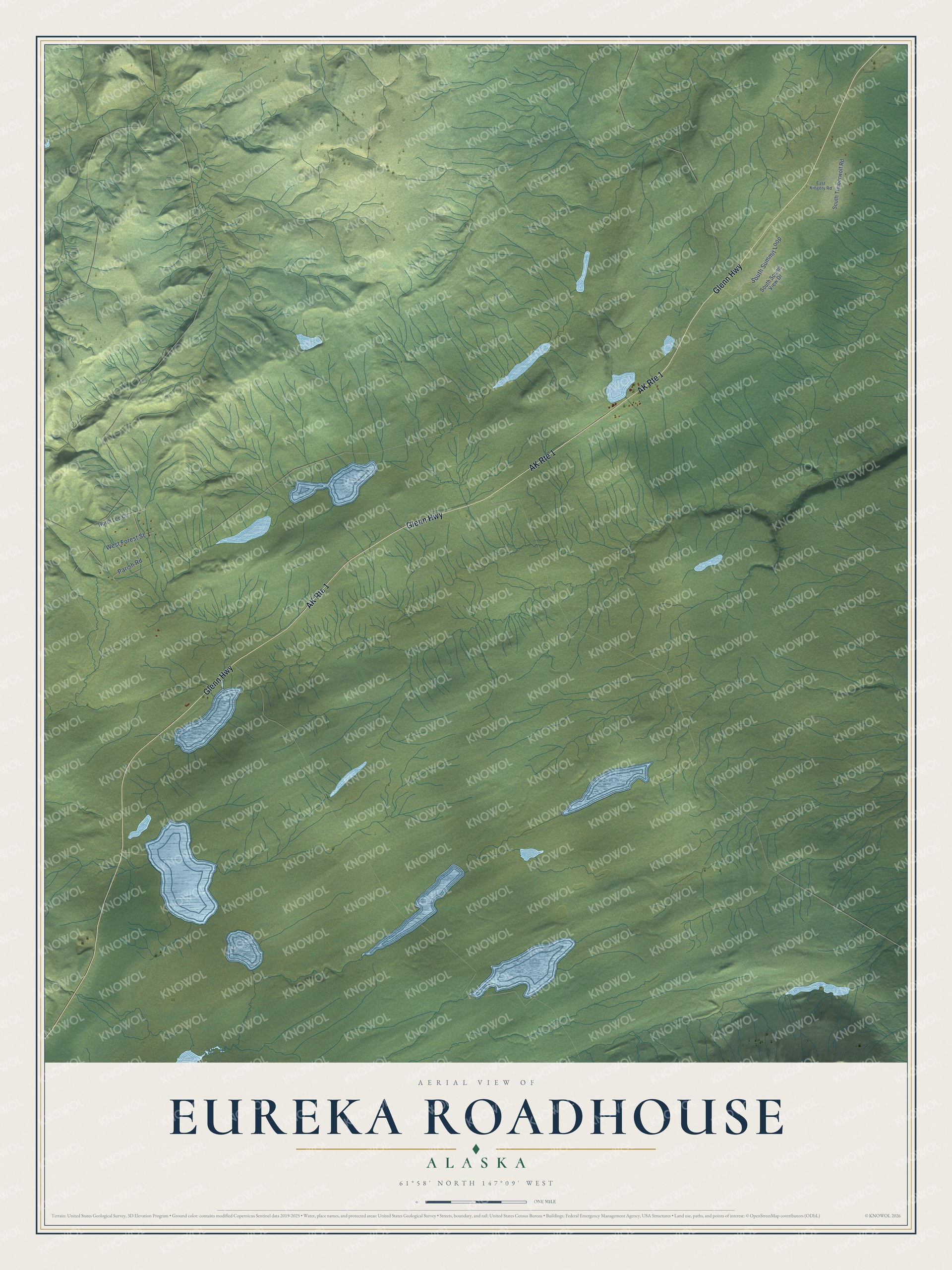 Full map of Eureka Roadhouse, Alaska, with red buildings, printed street names and the land around them