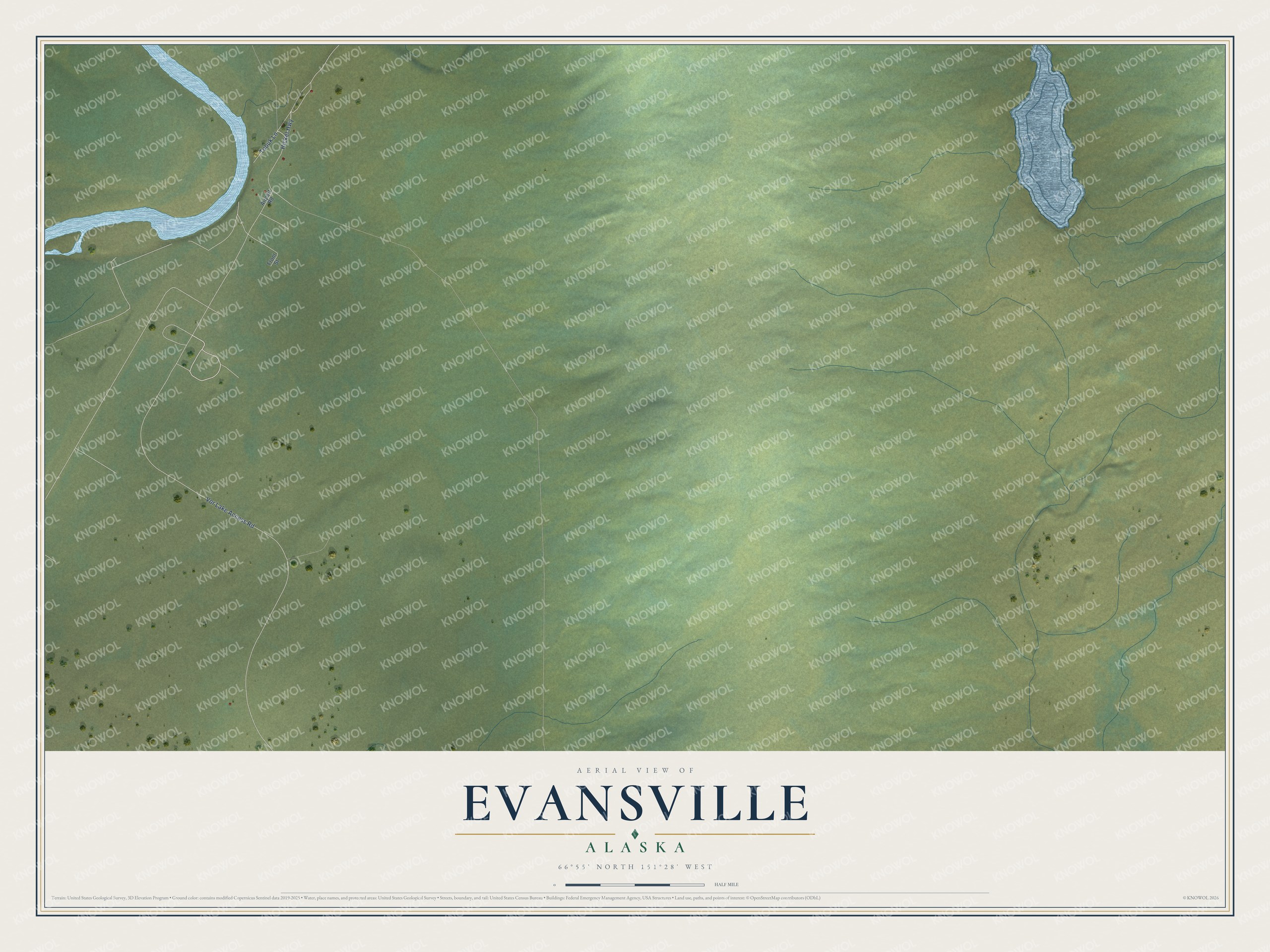Full map of Evansville, Alaska, with red buildings, printed street names and the land around them