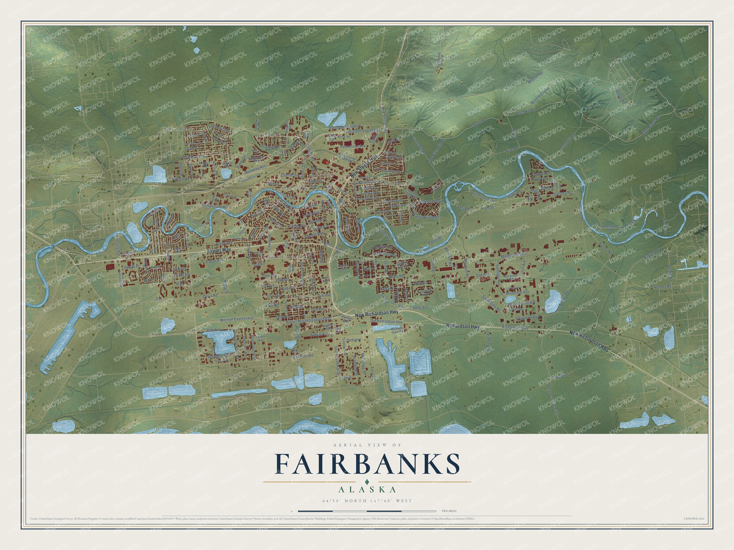Full map of Fairbanks, Alaska, with red buildings, printed street names and the land around them