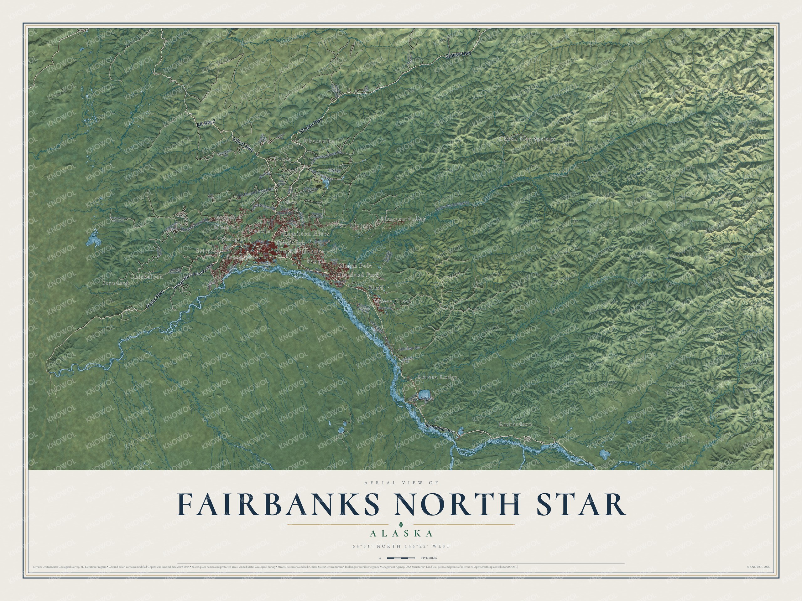 Full map of Fairbanks North Star, Alaska, with red buildings, printed street names and the land around them