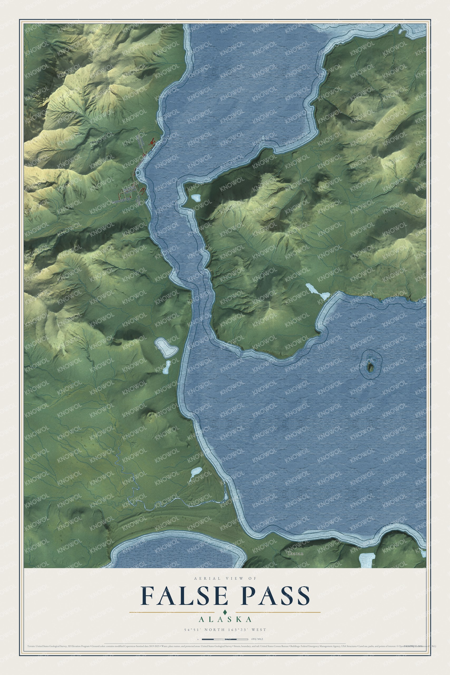 Full map of False Pass, Alaska, with red buildings, printed street names and the land around them