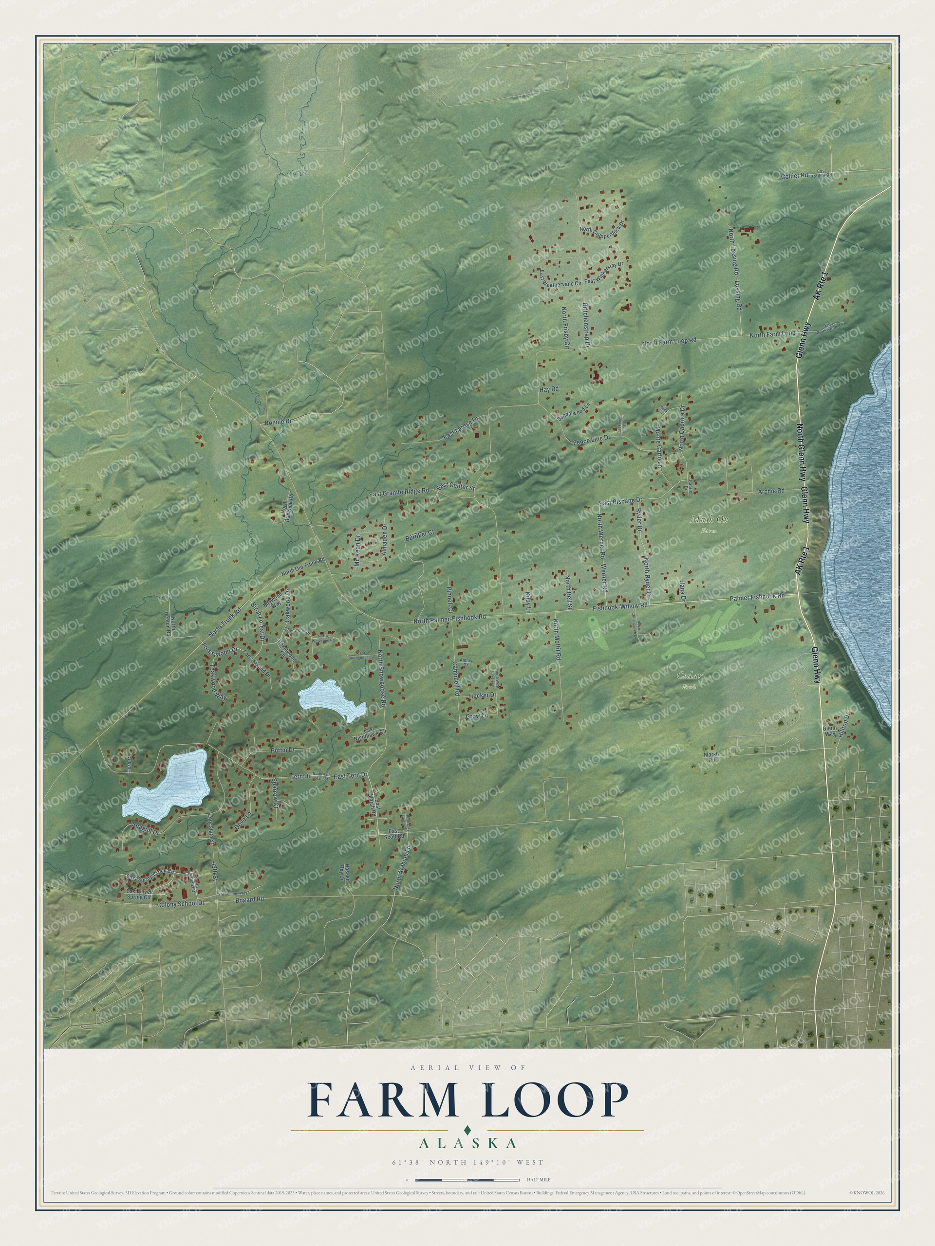 Full map of Farm Loop, Alaska, with red buildings, printed street names and the land around them