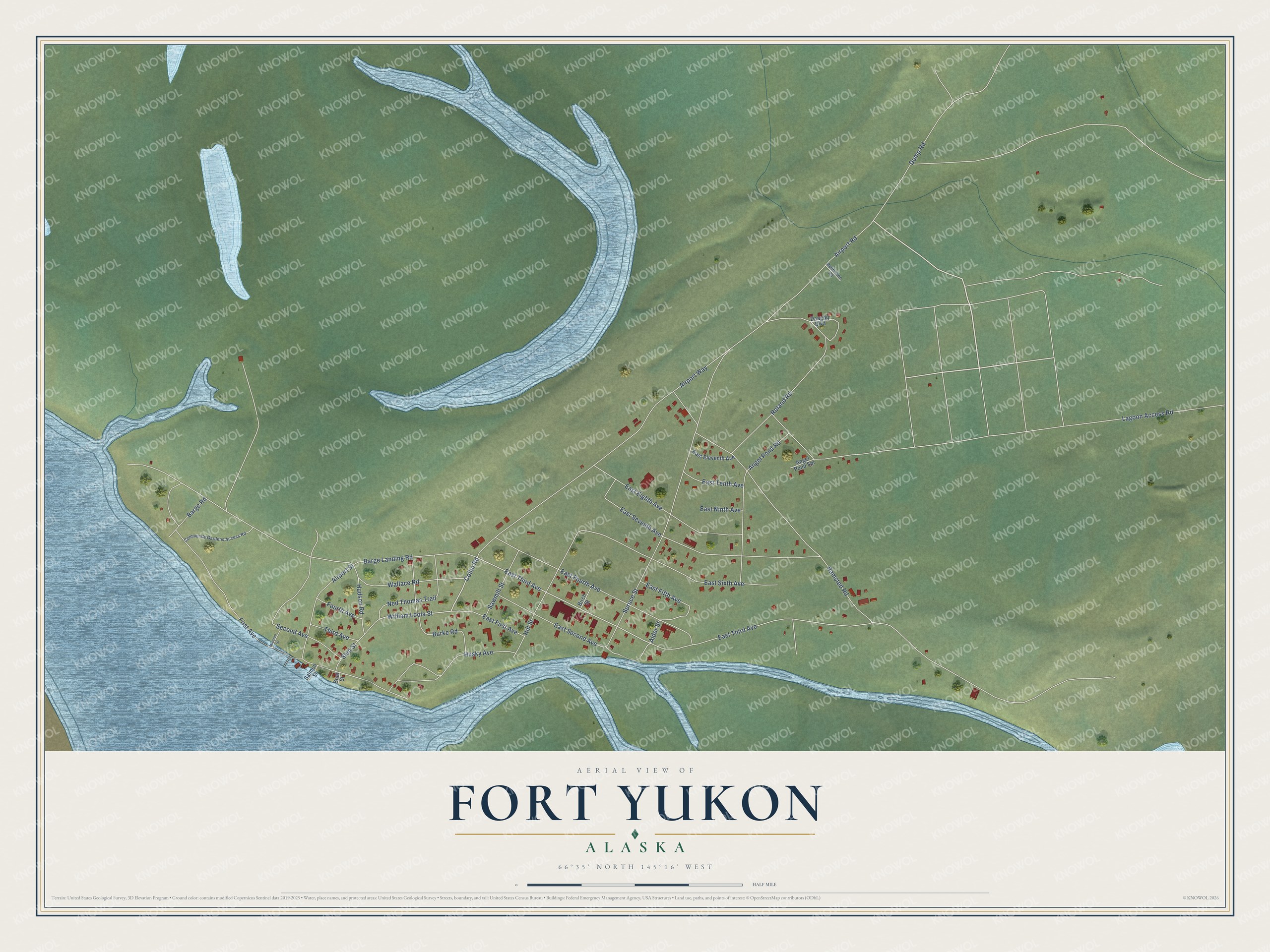 Full map of Fort Yukon, Alaska, with red buildings, printed street names and the land around them