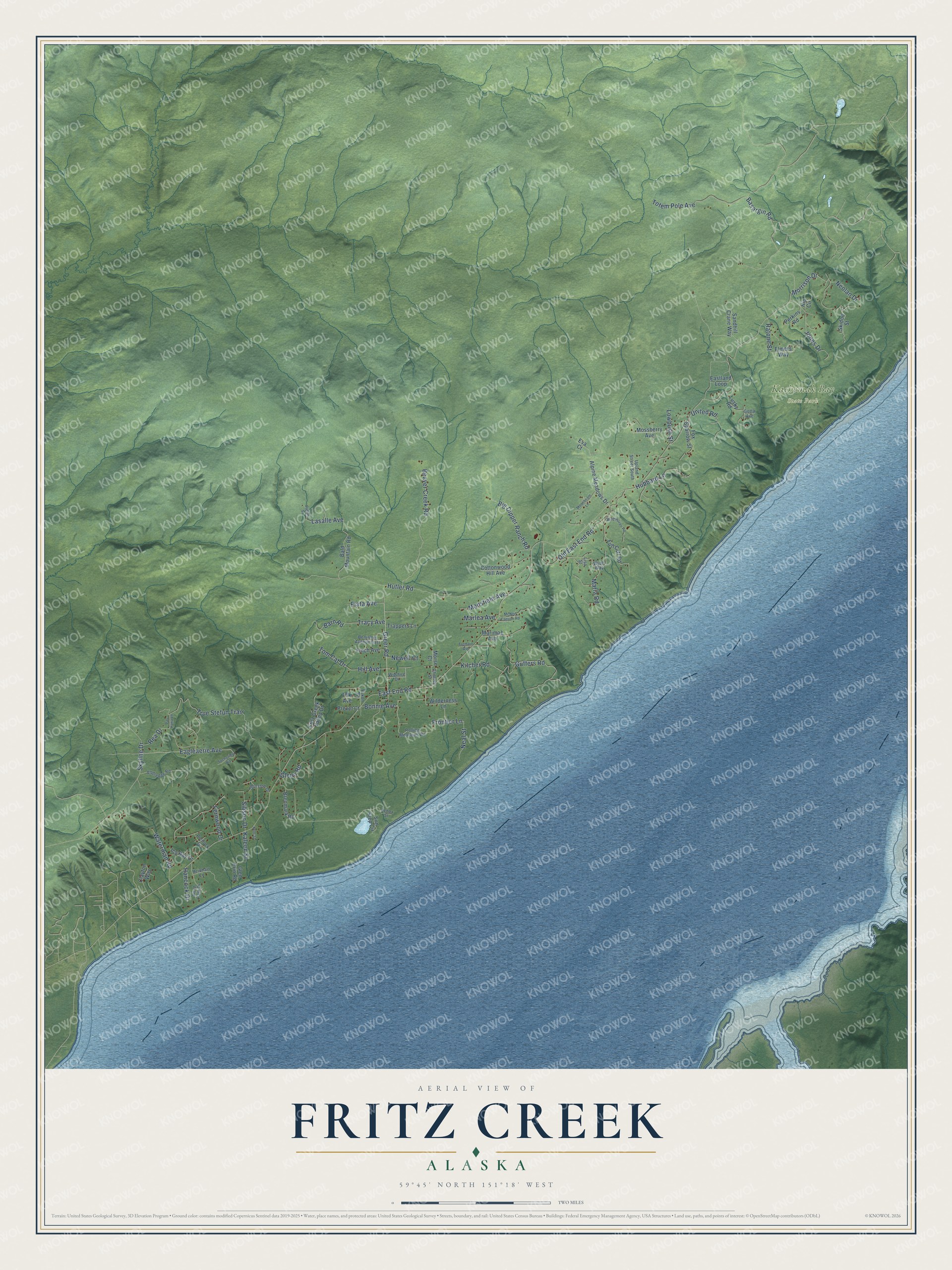 Full map of Fritz Creek, Alaska, with red buildings, printed street names and the land around them
