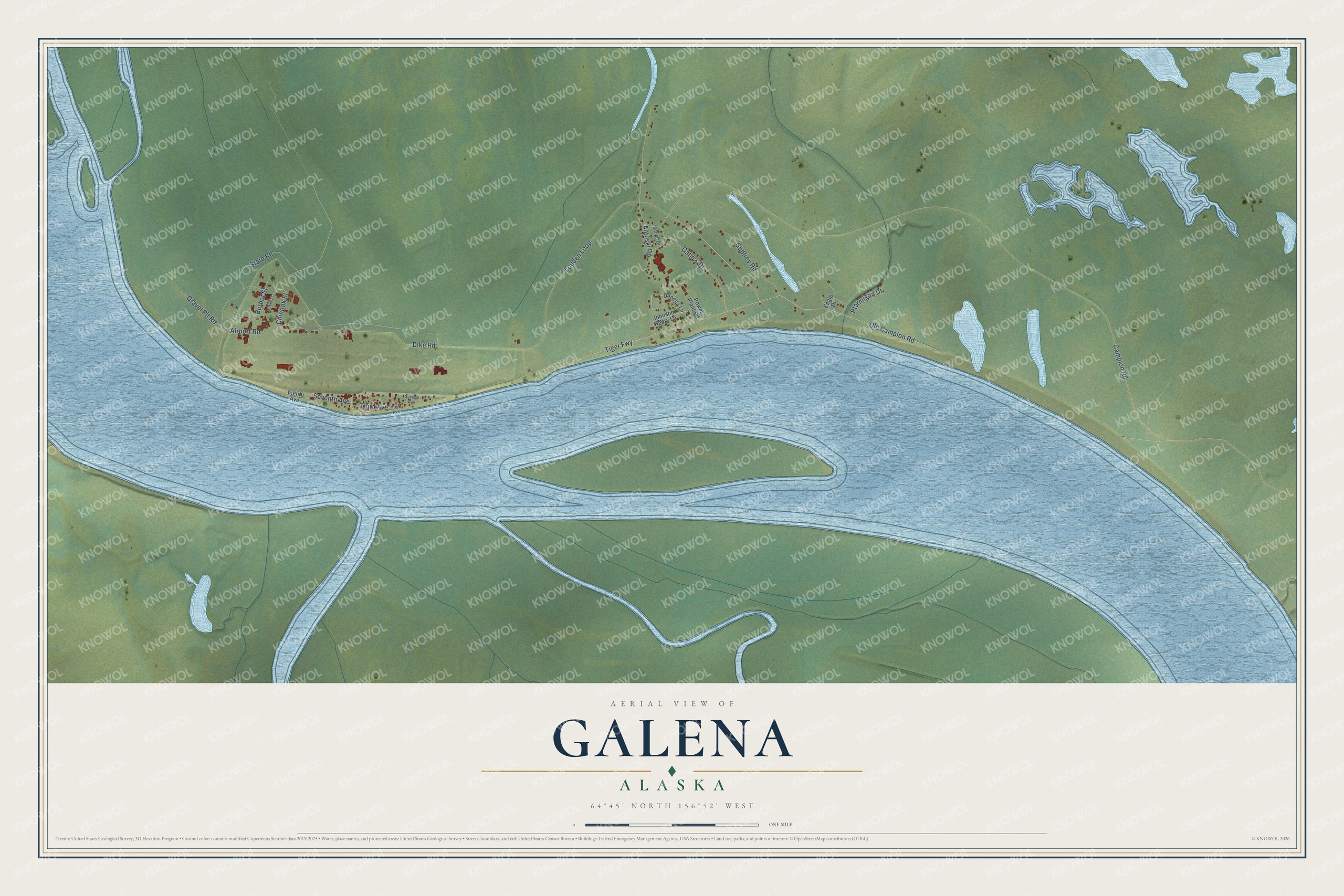 Full map of Galena, Alaska, with red buildings, printed street names and the land around them