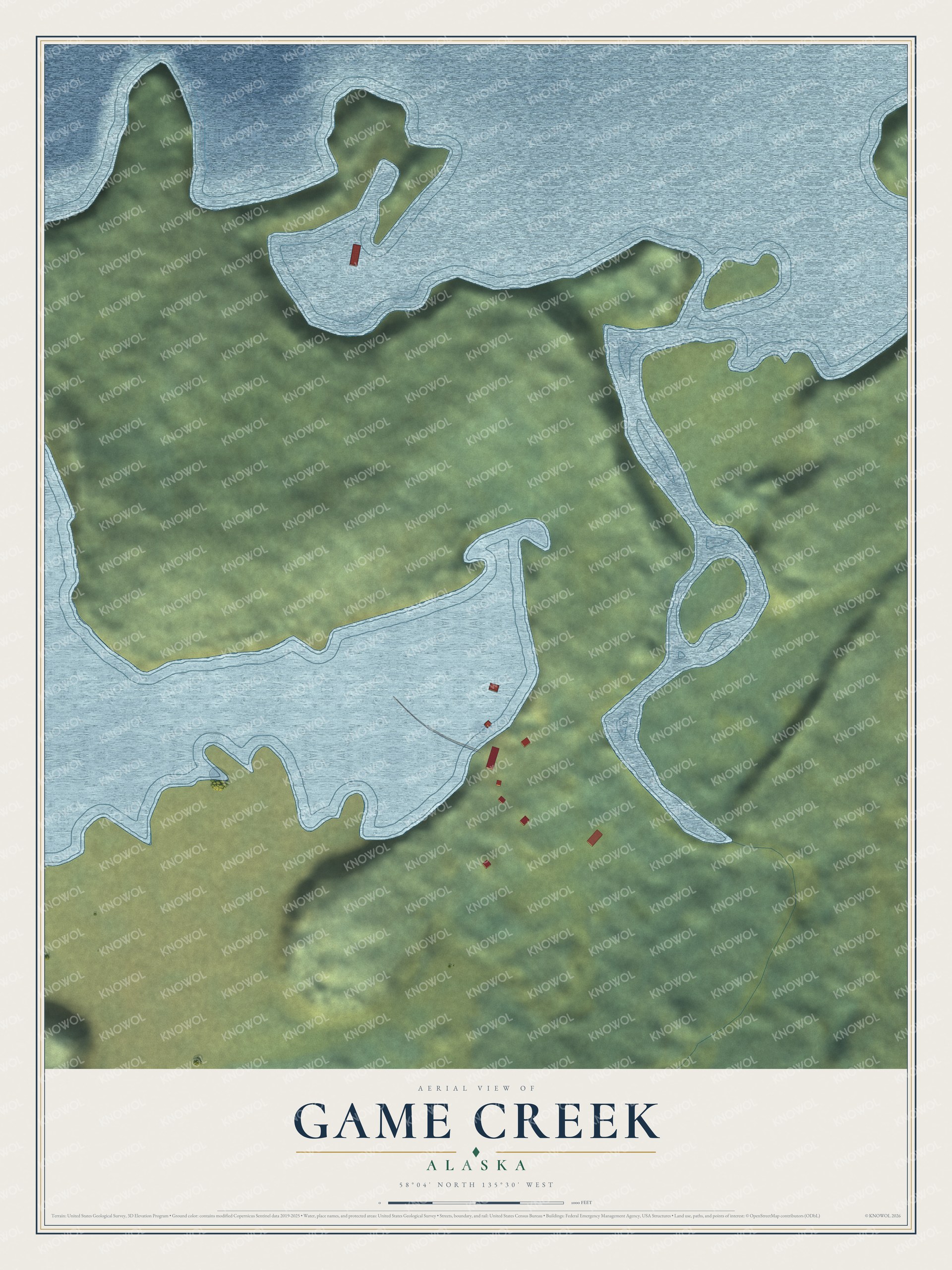 Full map of Game Creek, Alaska, with red buildings, printed street names and the land around them