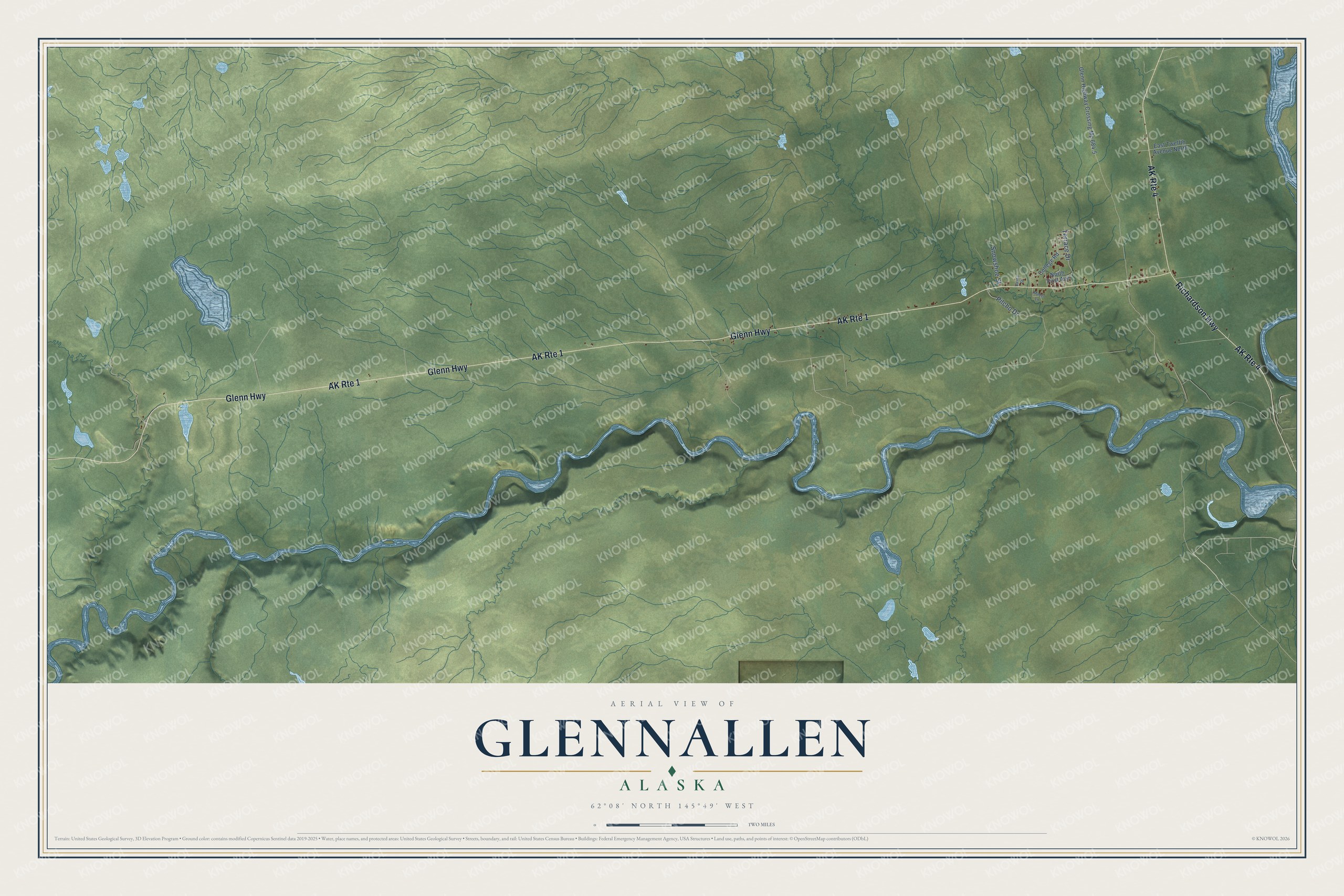 Full map of Glennallen, Alaska, with red buildings, printed street names and the land around them