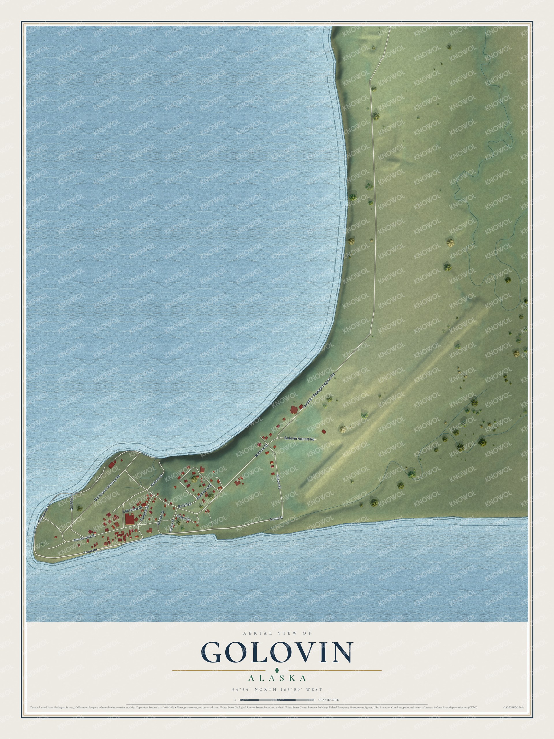 Full map of Golovin, Alaska, with red buildings, printed street names and the land around them