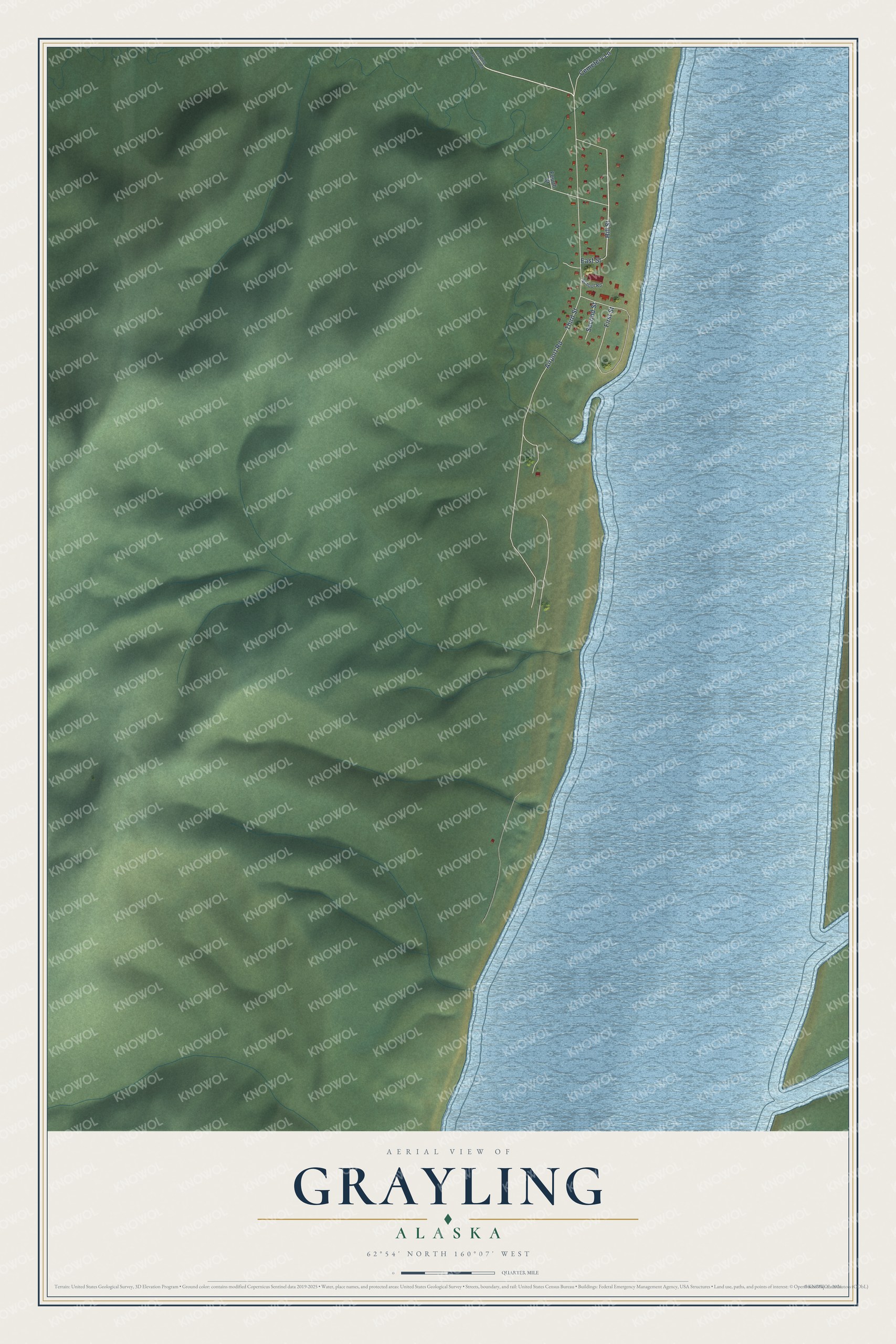 Full map of Grayling, Alaska, with red buildings, printed street names and the land around them