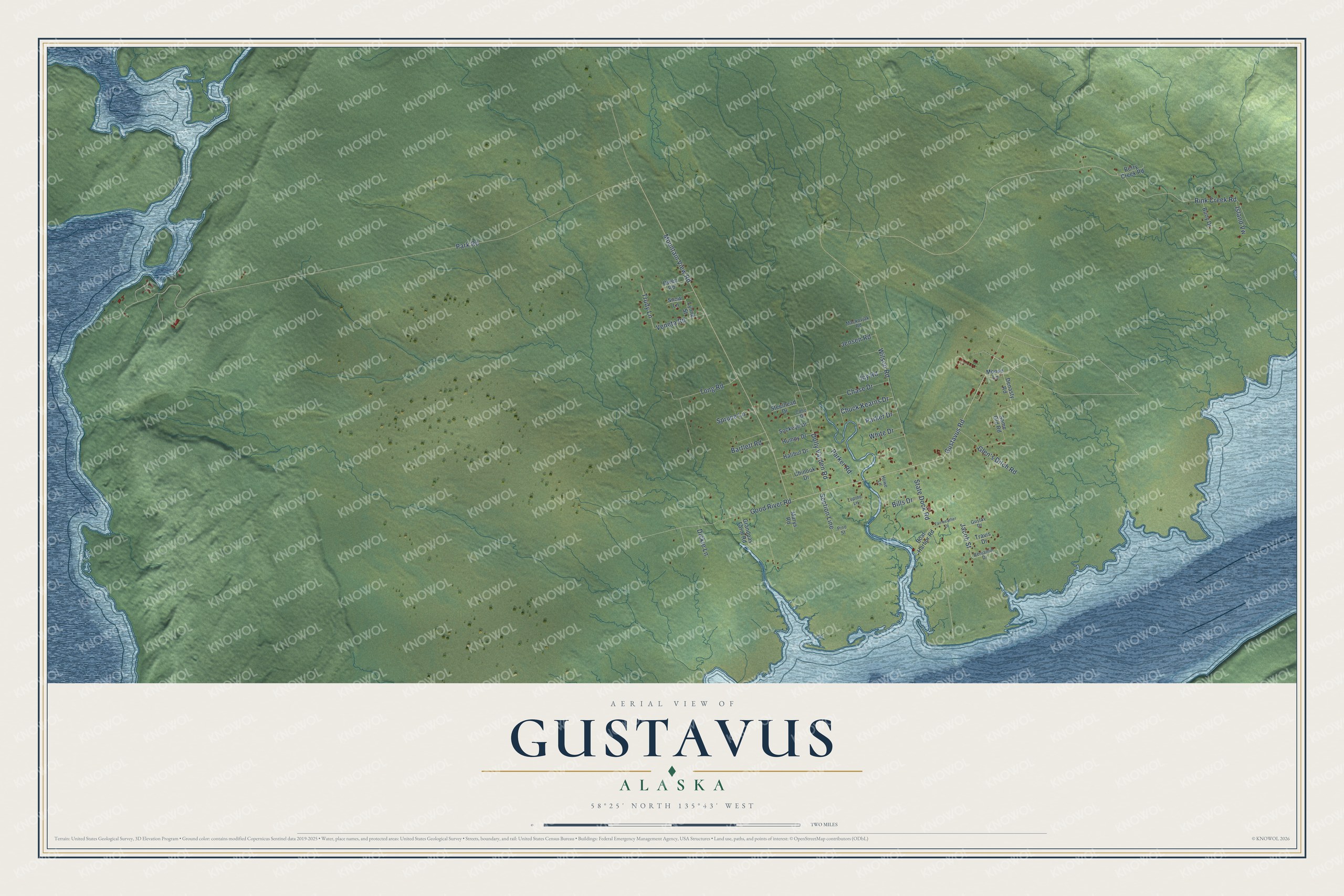 Full map of Gustavus, Alaska, with red buildings, printed street names and the land around them