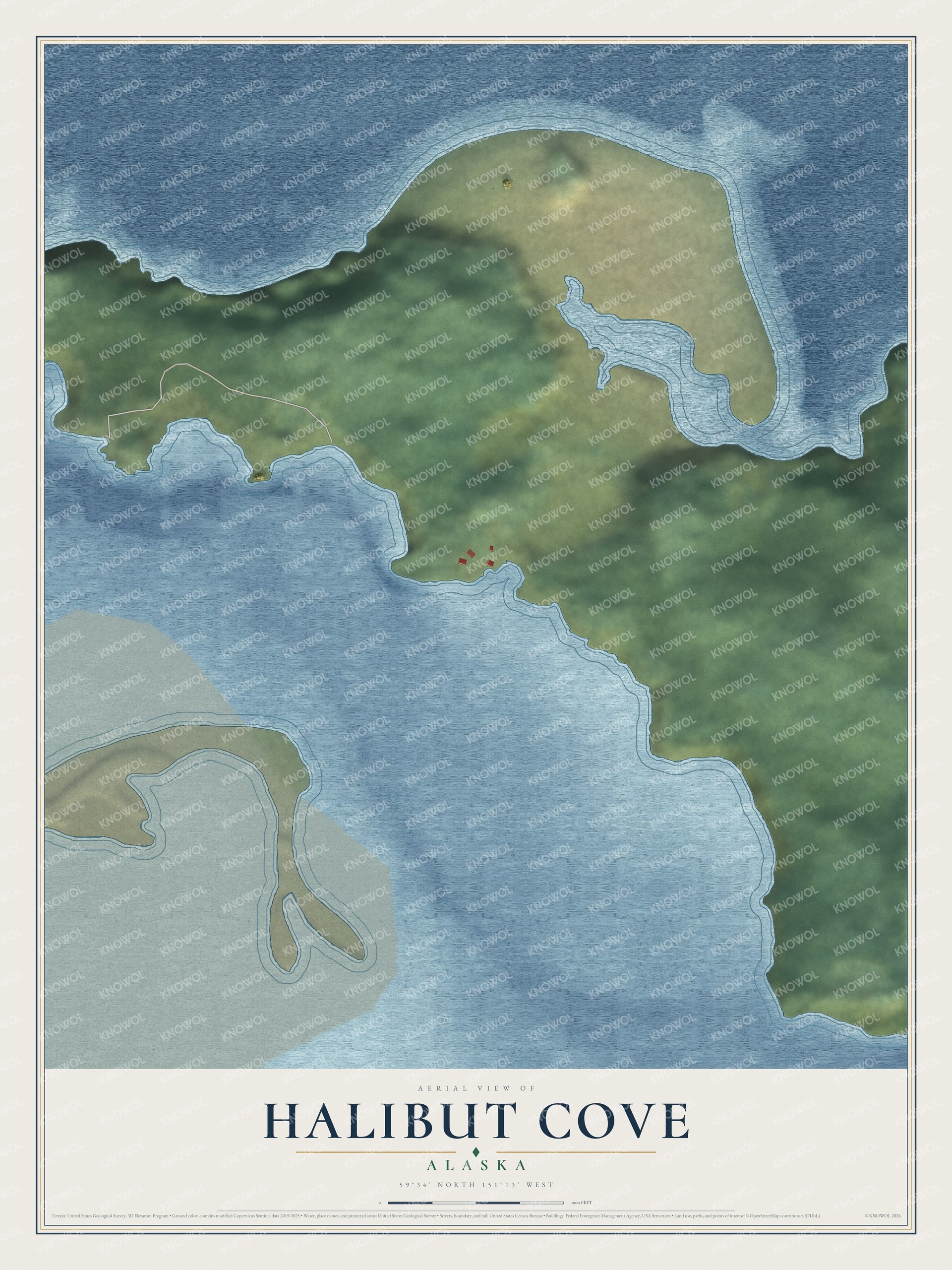 Full map of Halibut Cove, Alaska, with red buildings, printed street names and the land around them