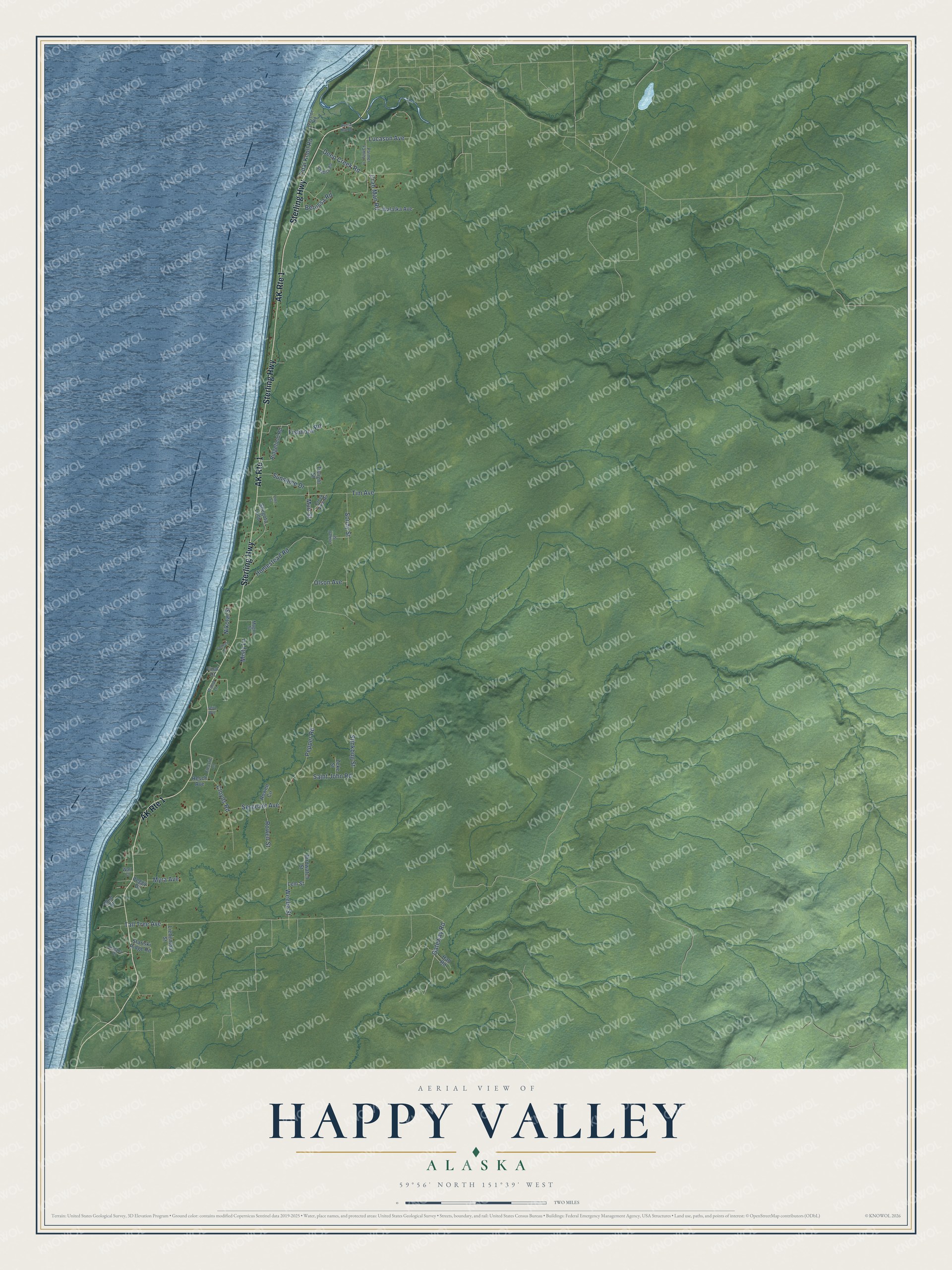 Full map of Happy Valley, Alaska, with red buildings, printed street names and the land around them