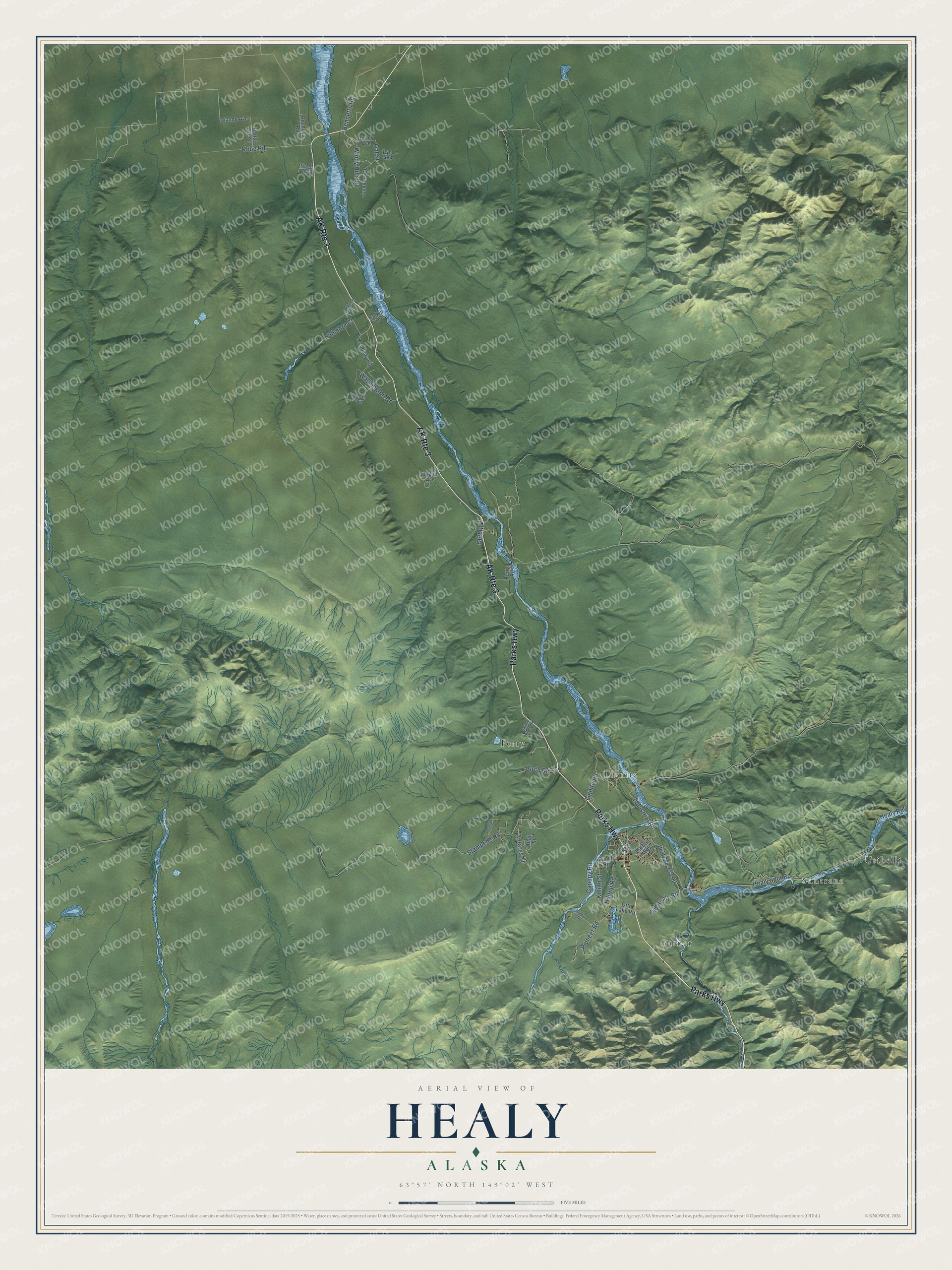 Full map of Healy, Alaska, with red buildings, printed street names and the land around them