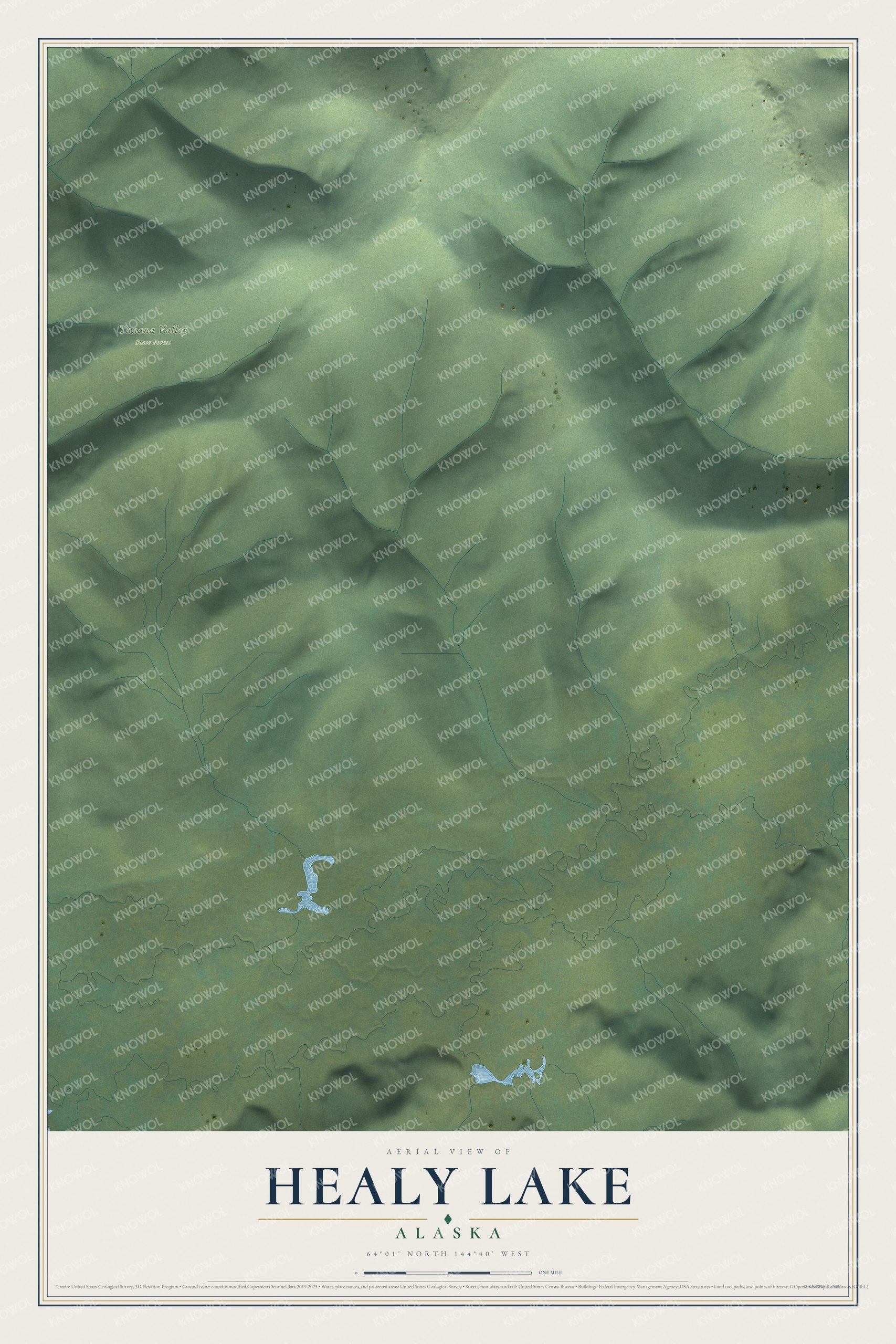 Full map of Healy Lake, Alaska, with red buildings, printed street names and the land around them