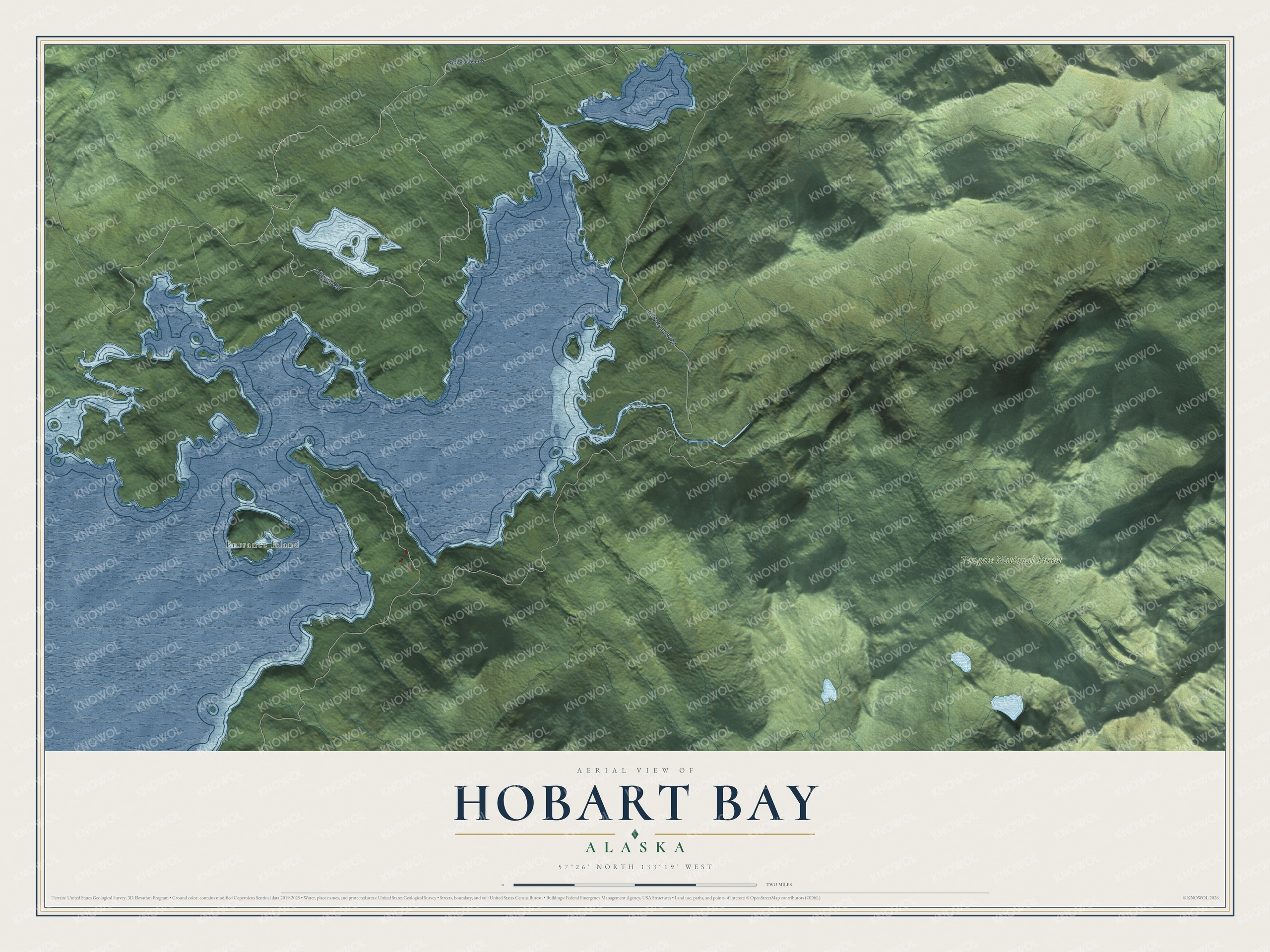 Full map of Hobart Bay, Alaska, with red buildings, printed street names and the land around them