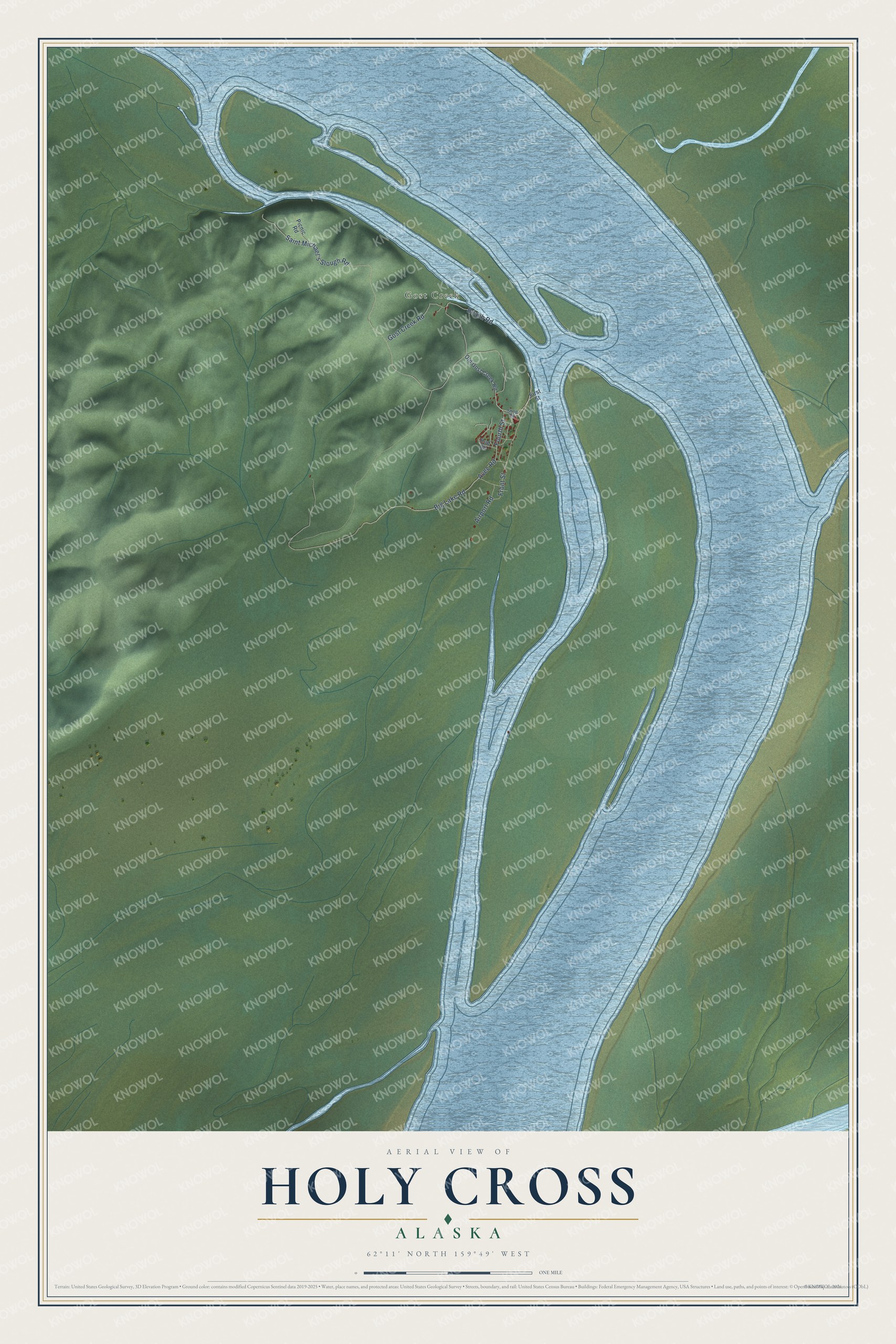 Full map of Holy Cross, Alaska, with red buildings, printed street names and the land around them