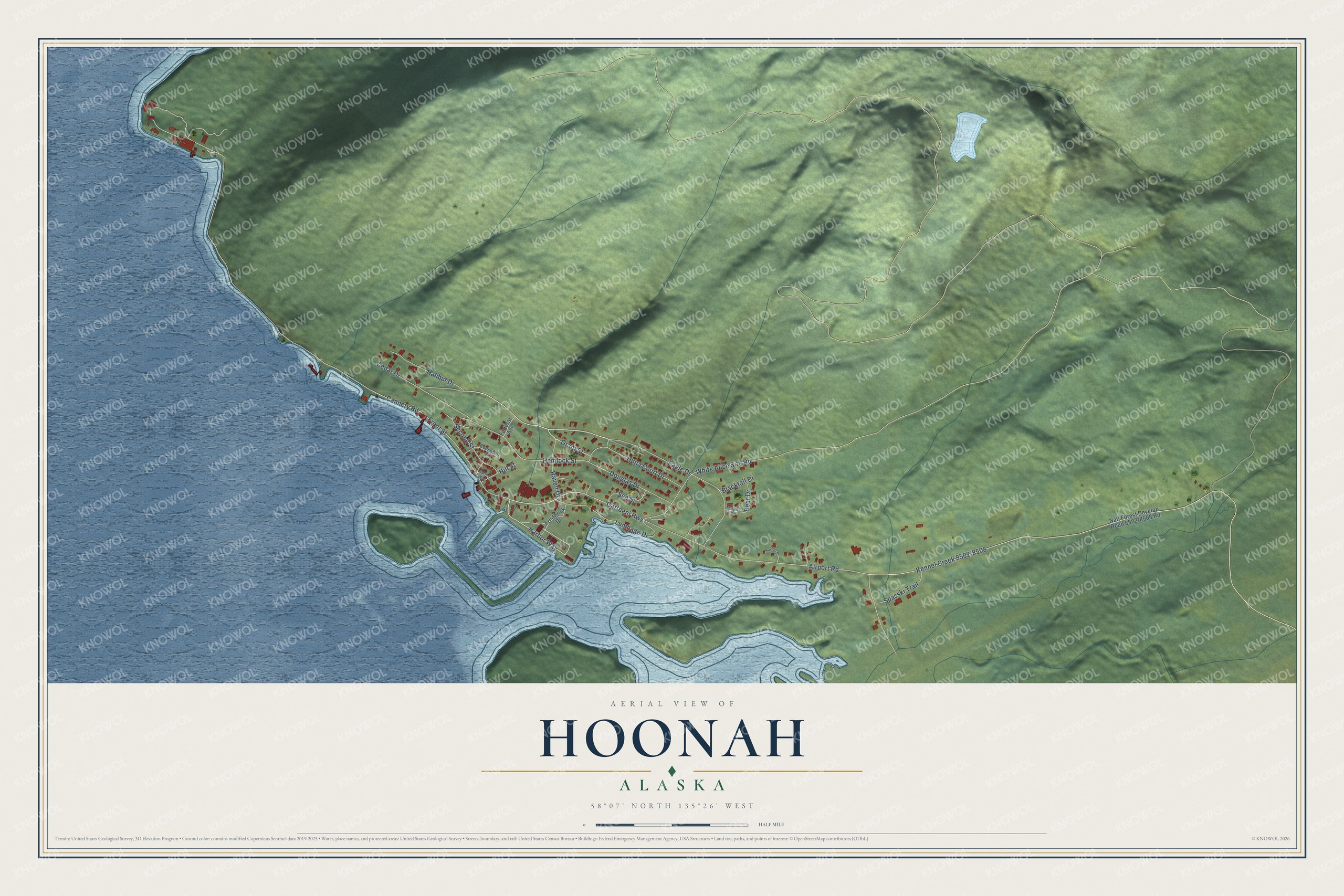 Full map of Hoonah, Alaska, with red buildings, printed street names and the land around them