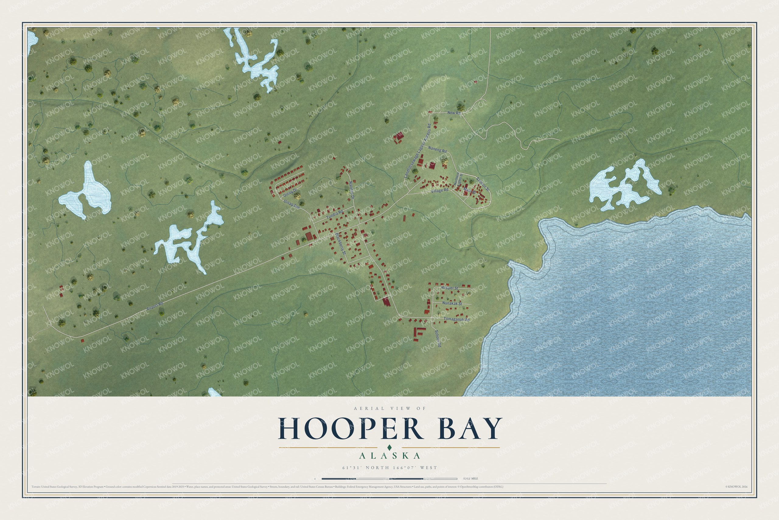 Full map of Hooper Bay, Alaska, with red buildings, printed street names and the land around them