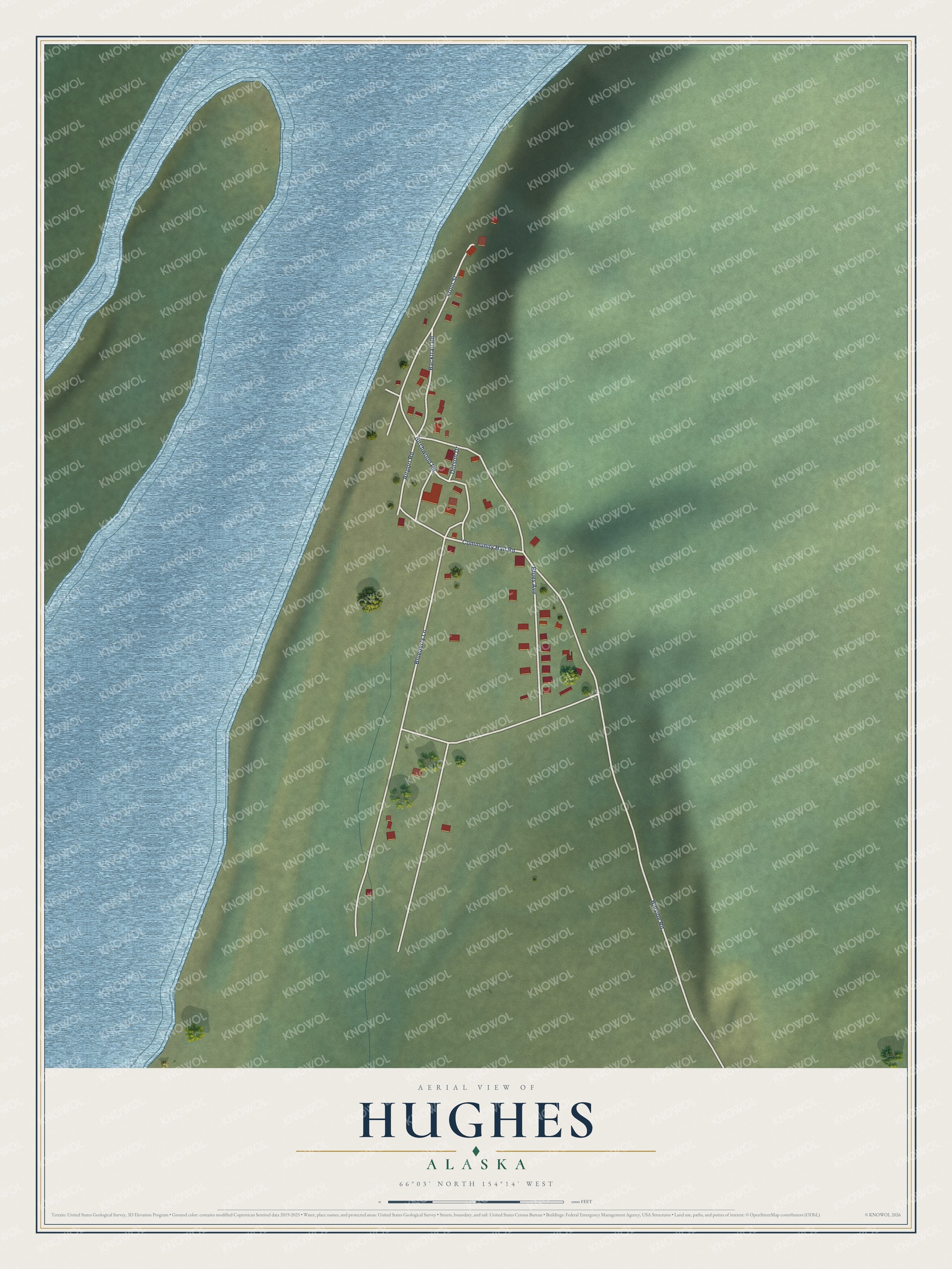 Full map of Hughes, Alaska, with red buildings, printed street names and the land around them