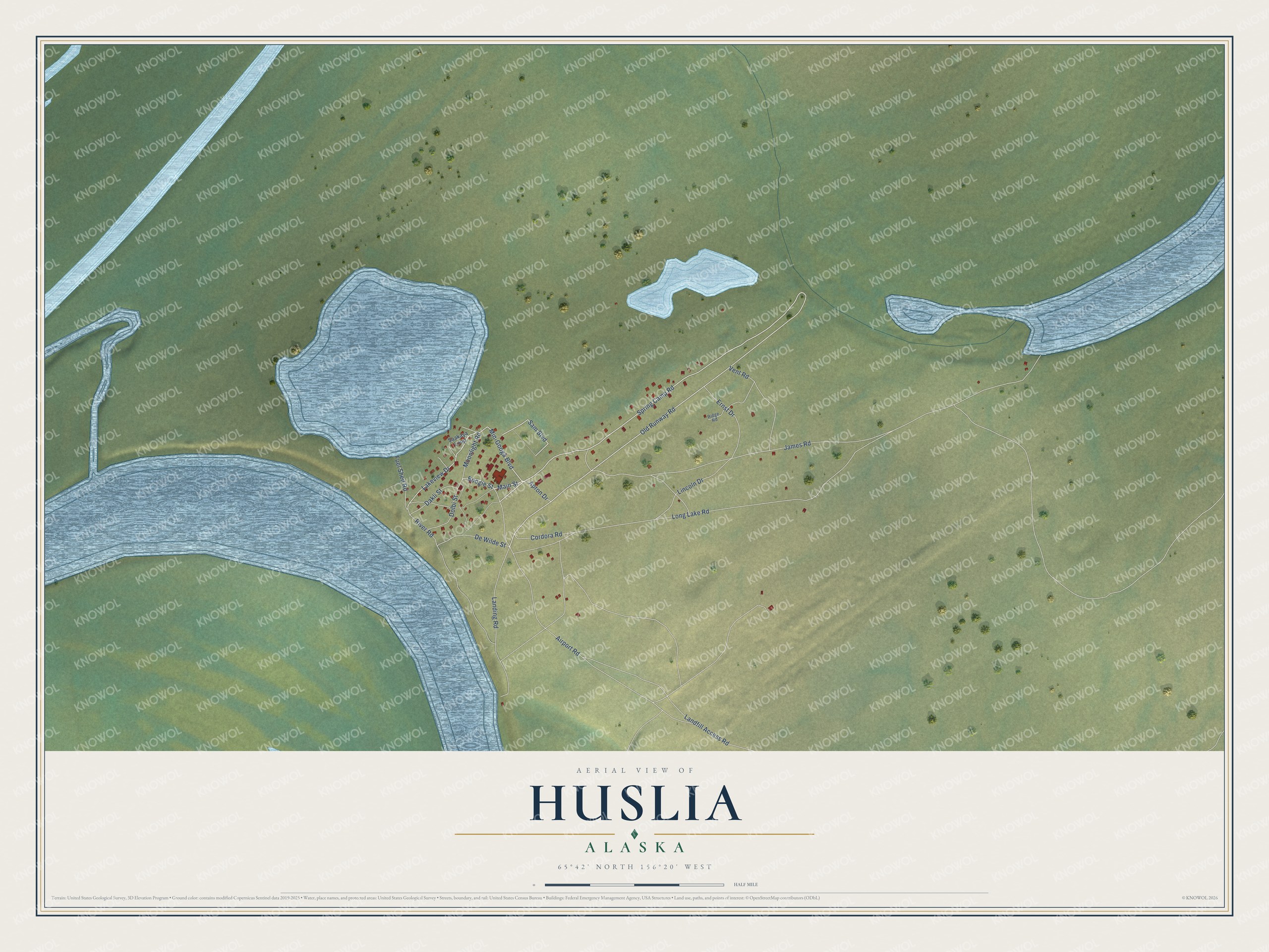Full map of Huslia, Alaska, with red buildings, printed street names and the land around them