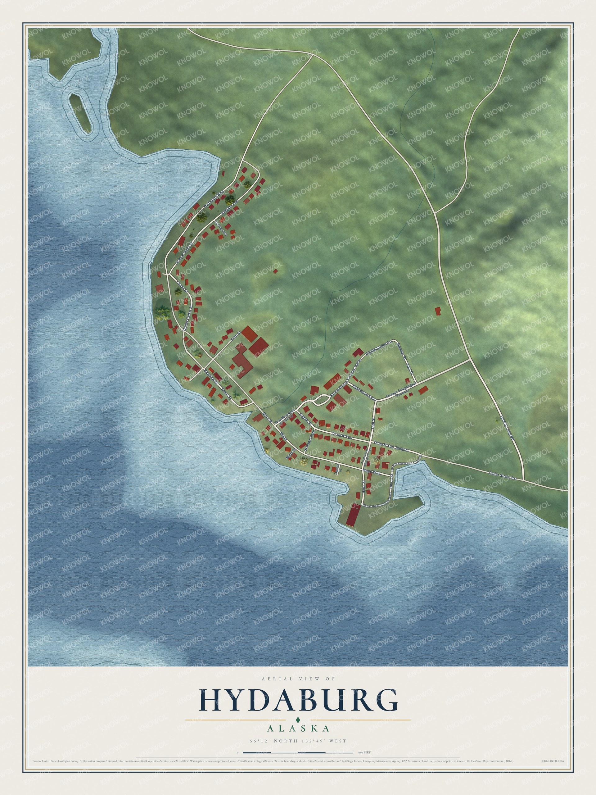 Full map of Hydaburg, Alaska, with red buildings, printed street names and the land around them