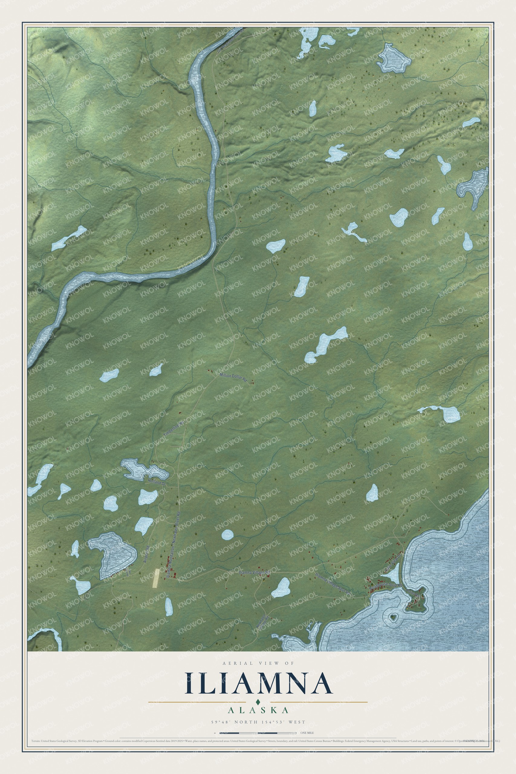 Full map of Iliamna, Alaska, with red buildings, printed street names and the land around them