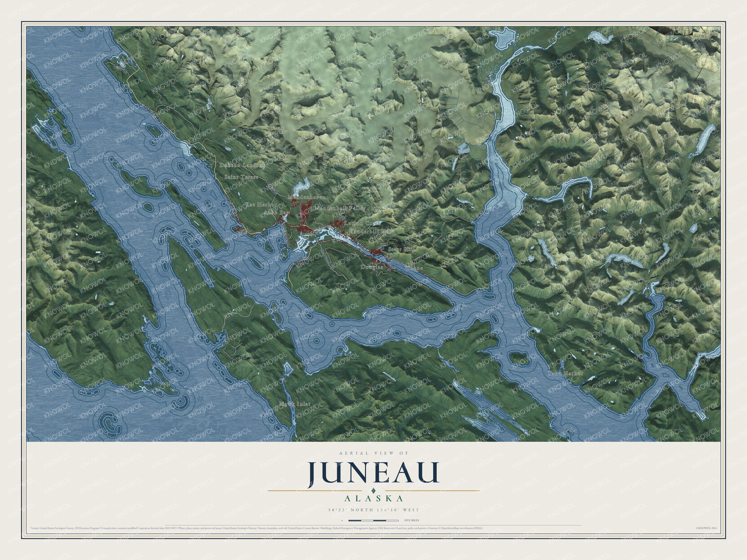 Full map of Juneau, Alaska, with red buildings, printed street names and the land around them