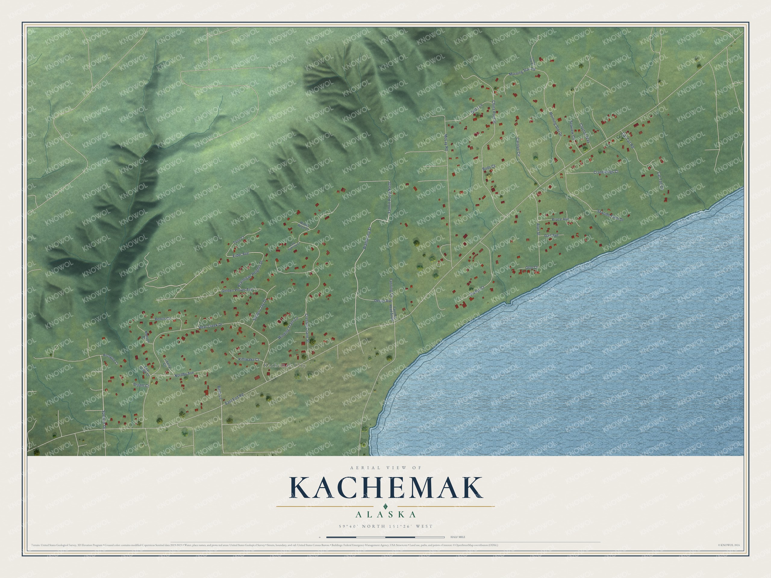Full map of Kachemak, Alaska, with red buildings, printed street names and the land around them