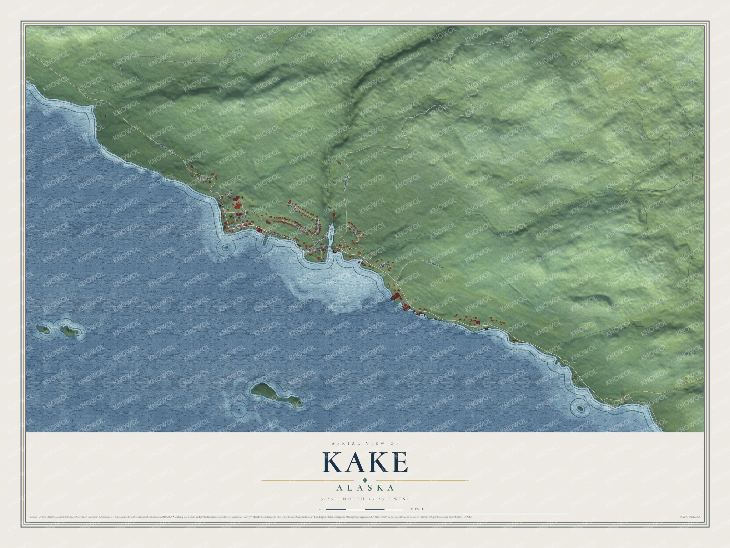 Full map of Kake, Alaska, with red buildings, printed street names and the land around them
