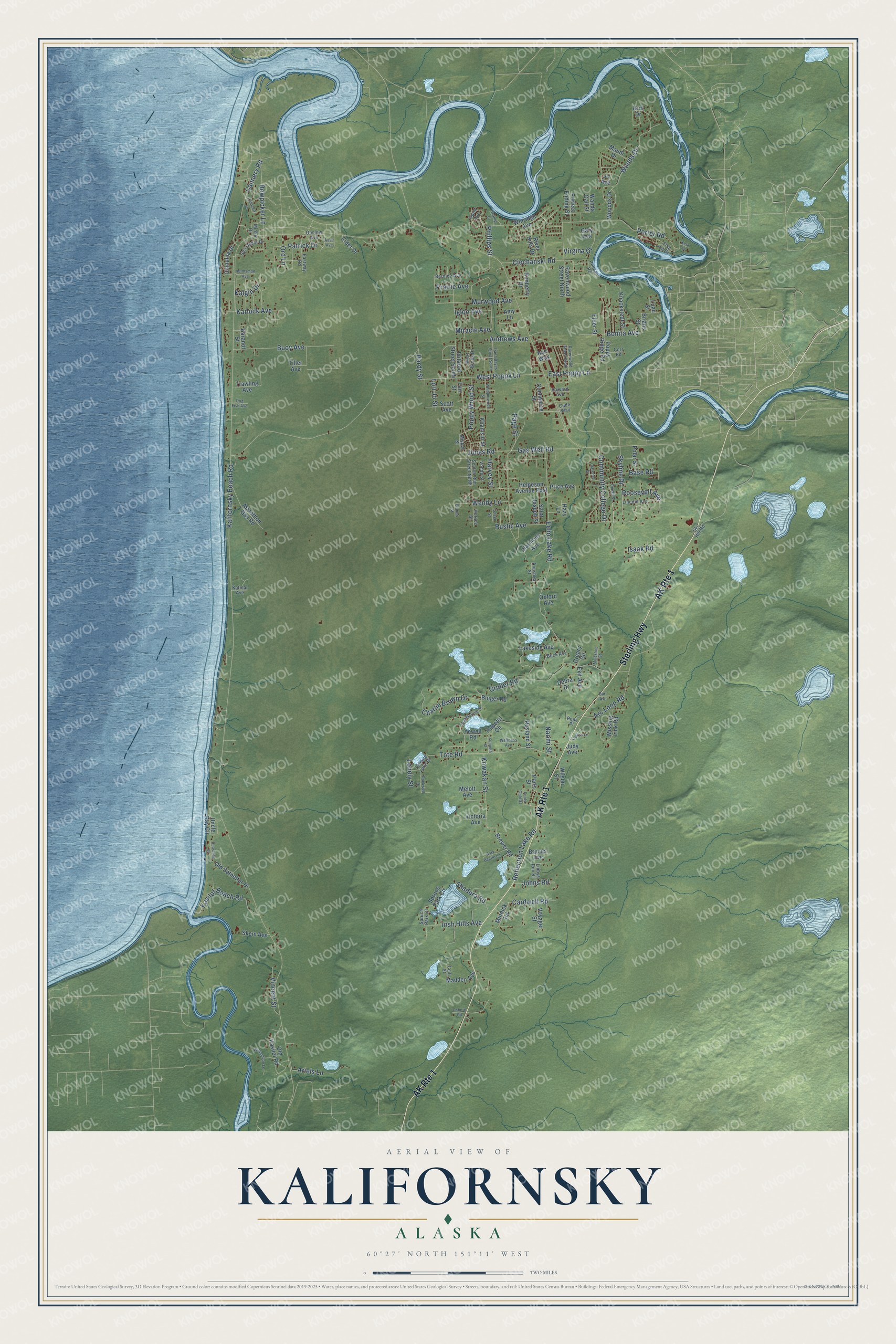 Full map of Kalifornsky, Alaska, with red buildings, printed street names and the land around them