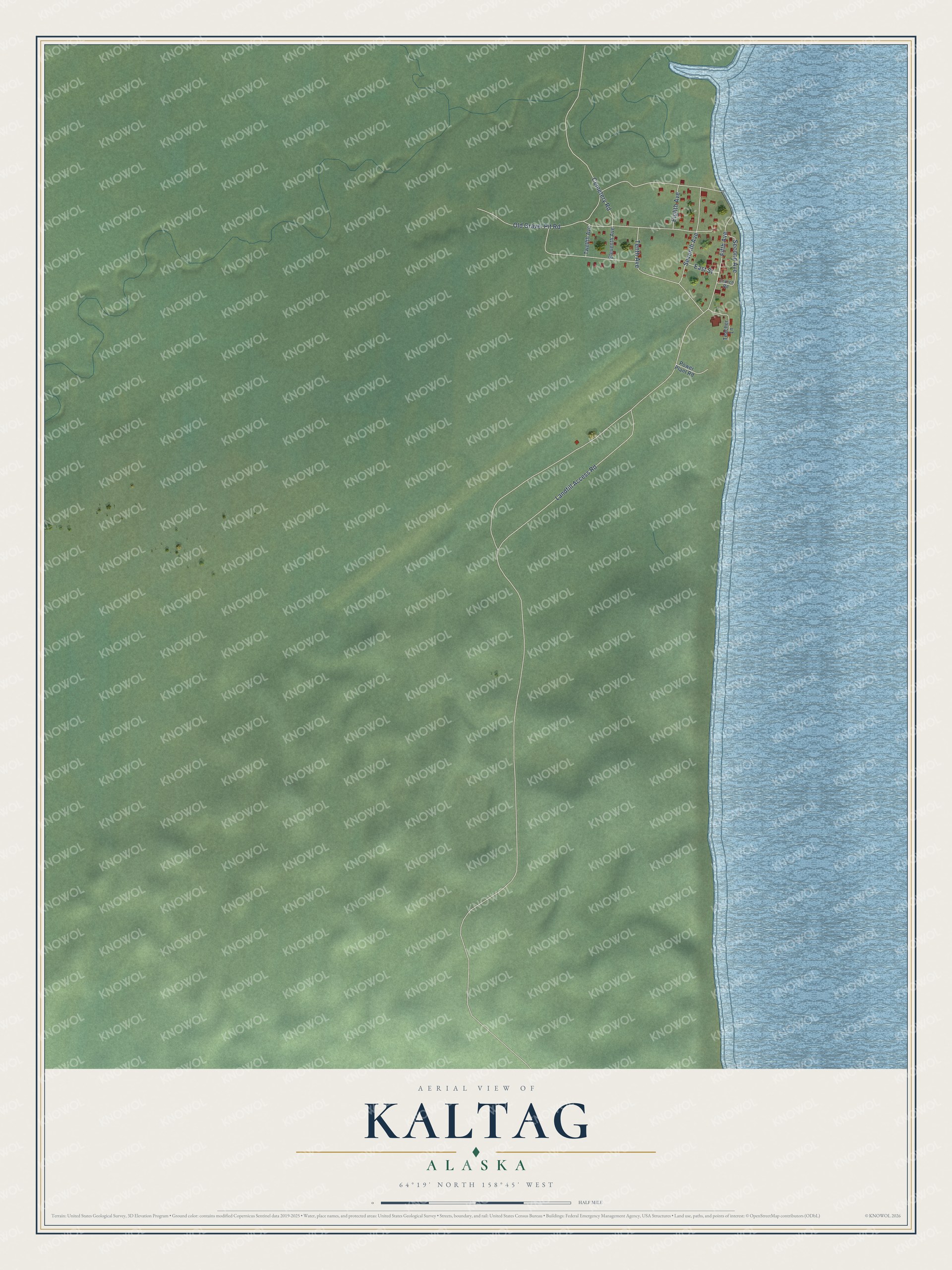 Full map of Kaltag, Alaska, with red buildings, printed street names and the land around them