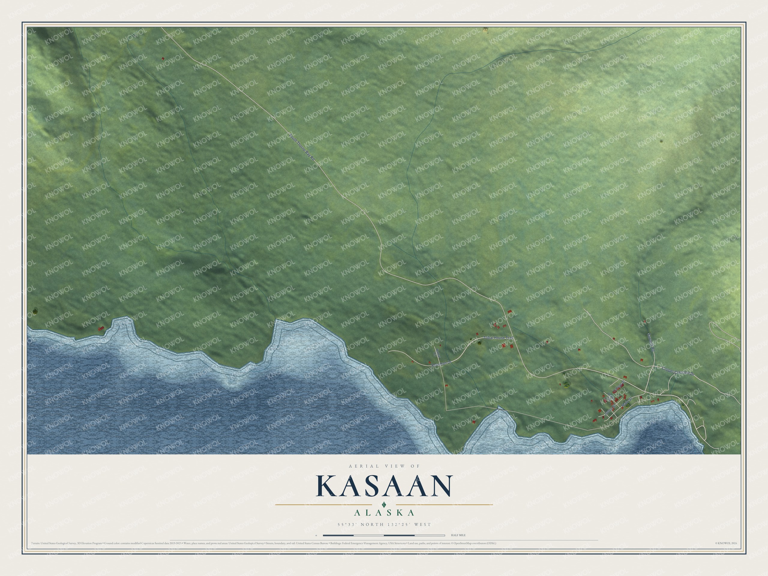 Full map of Kasaan, Alaska, with red buildings, printed street names and the land around them